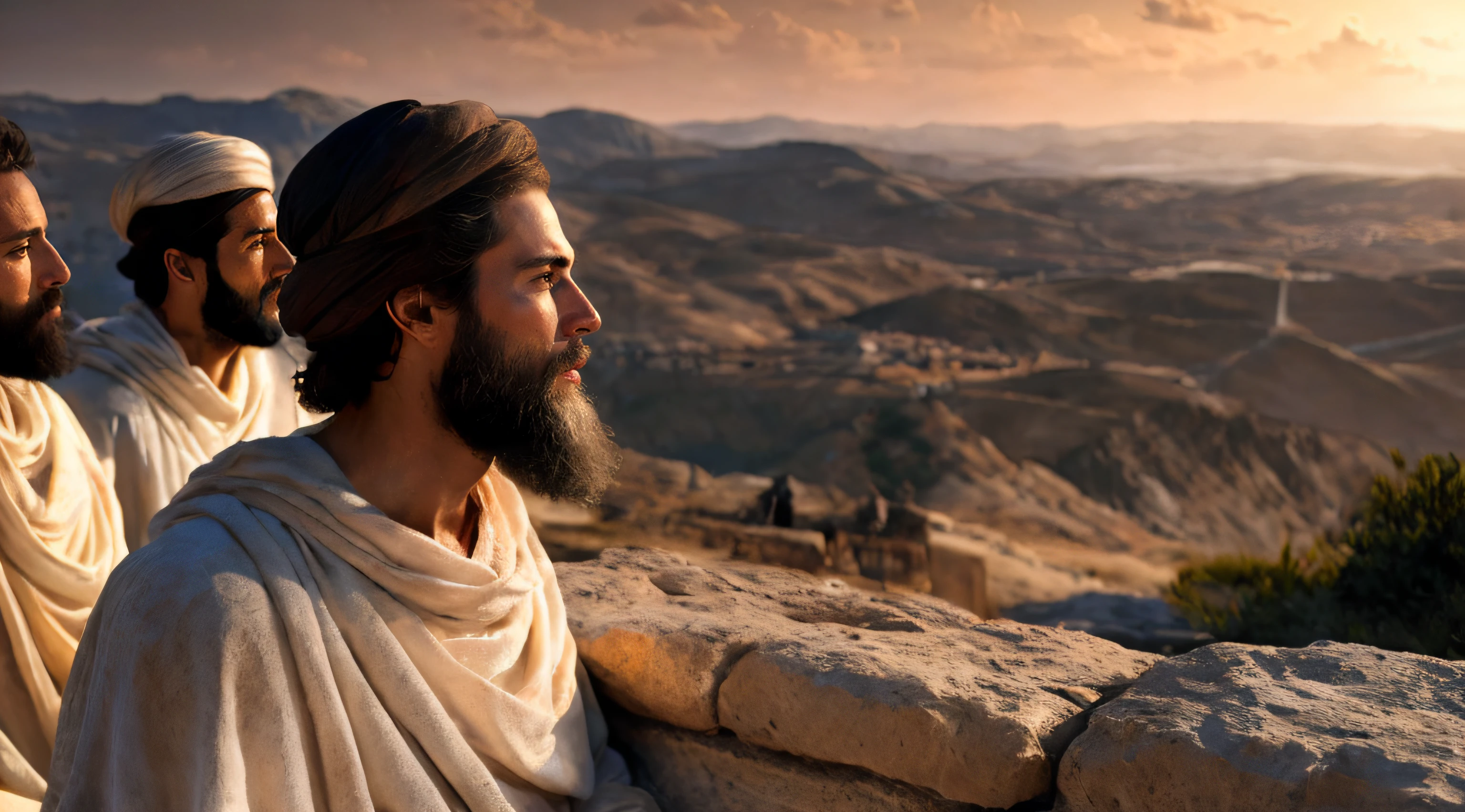 Ancient Israel、Biblical times、1st century、(((The disciples listen to the short-haired Christ)))、8K、Raw photography、top-quality、masterpiece:1.5、ultra-lightweighthigh-resolution、Photorealsitic:1.5、ciinematic light、soft volumetric lighting:1.5、realisitic、Photorealsitic:1、Detailed skin、profetional lighting、a picture、foco nítido、detaileds、profetional lighting、photon maping、detailed and intricate environment、ighly detailed、top-quality、Artistic photography、photorrealistic concept art、soft natural volumetric cinematic perfect light、Midjourney、Detailed hand、