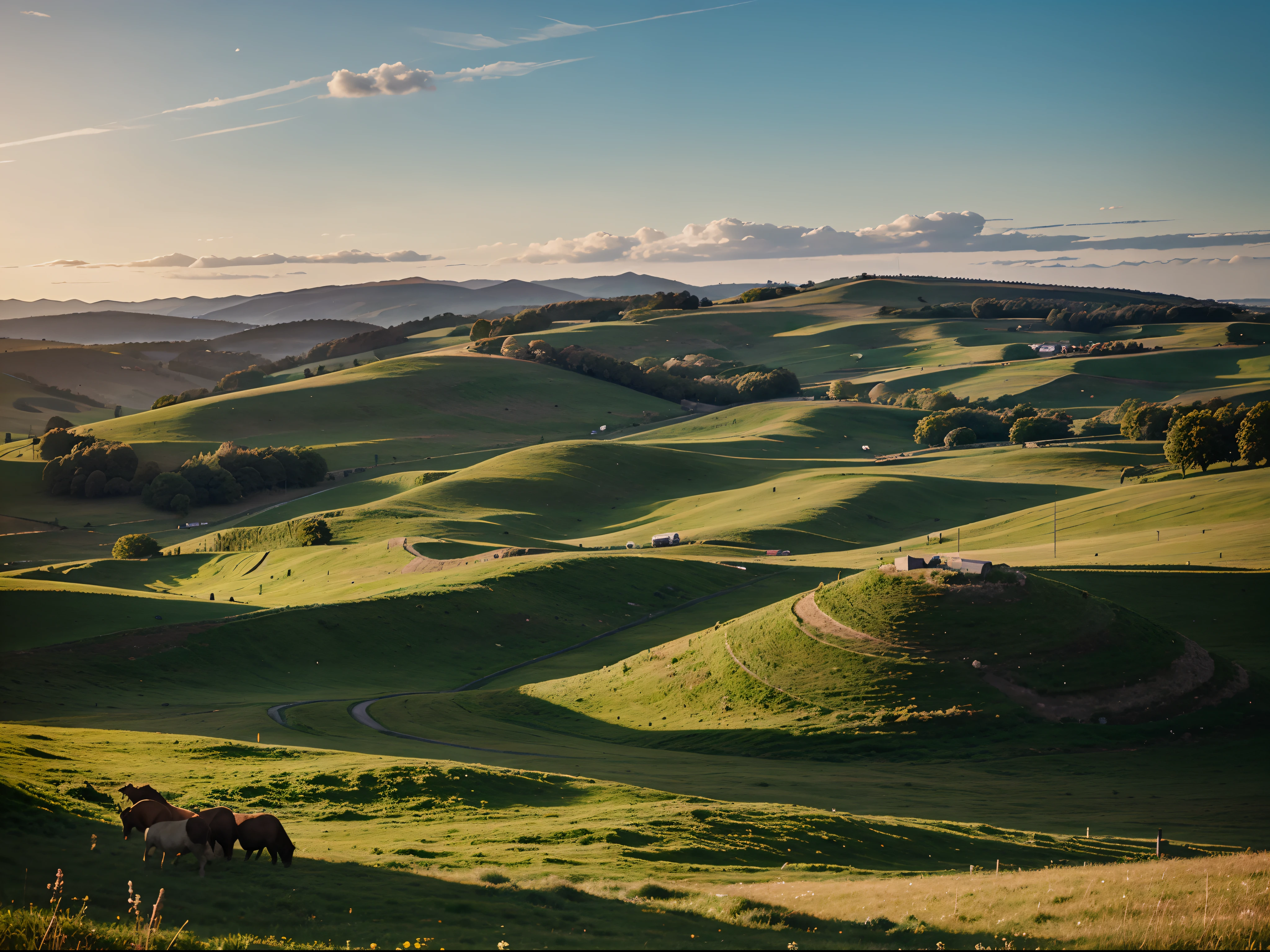Rolling hills and meadows.