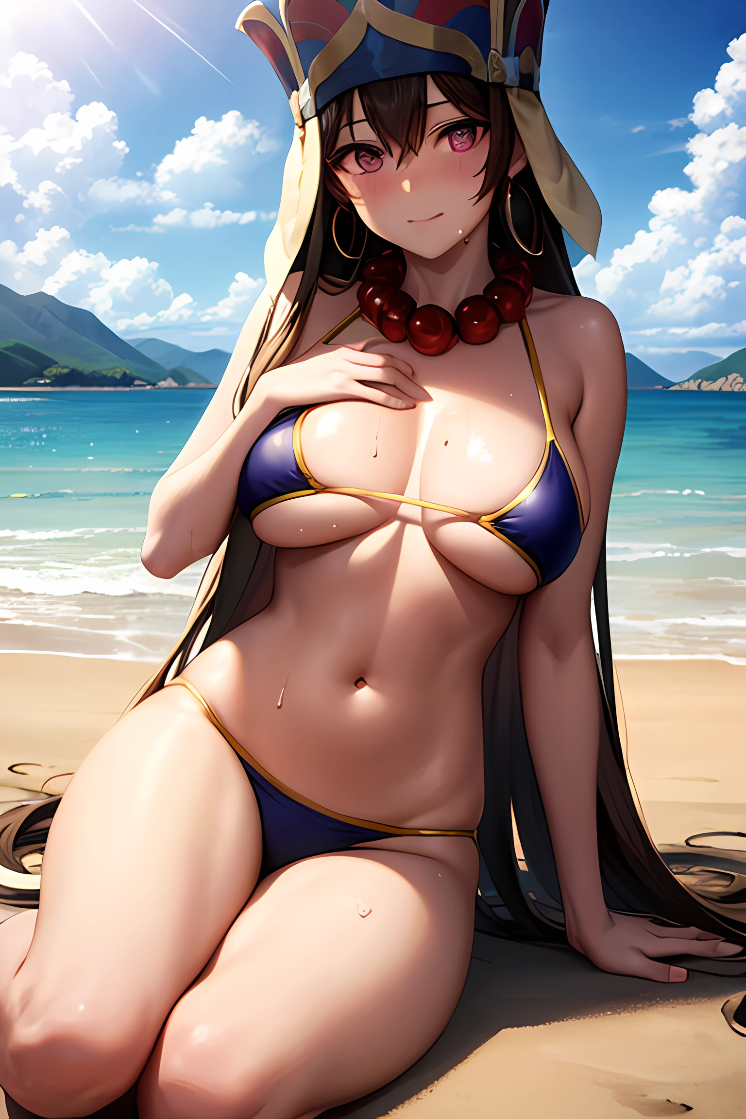 Photo of xuangzang sanzang, brown hair, long hair, (purple eyes:1.1), bead necklace, beads, , earrings, foreshortening, gourd, hat, jewelry, necklace, strap gap, swimsuit, underboob, on a sunny beach, (light skin), (sweating) ,(beautiful scenery),(perfect face), masterpiece, blush, 1girl, solo,  full body, MILF, beautifully drawn eyes, perfect eyes