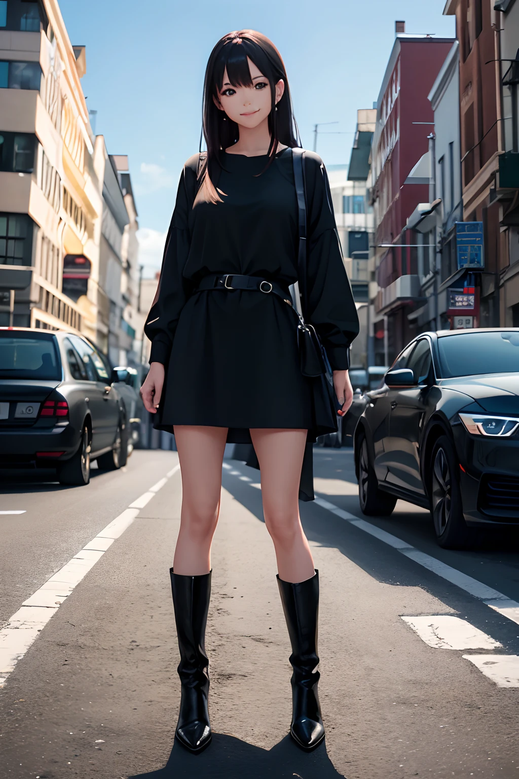 Surreal concept, 8K resolution, photographic quality, Photorealistic,A detailed eye,Smile,Woman standing near car,Solo,1girl in,Casual dress,Pointed-toe boots,