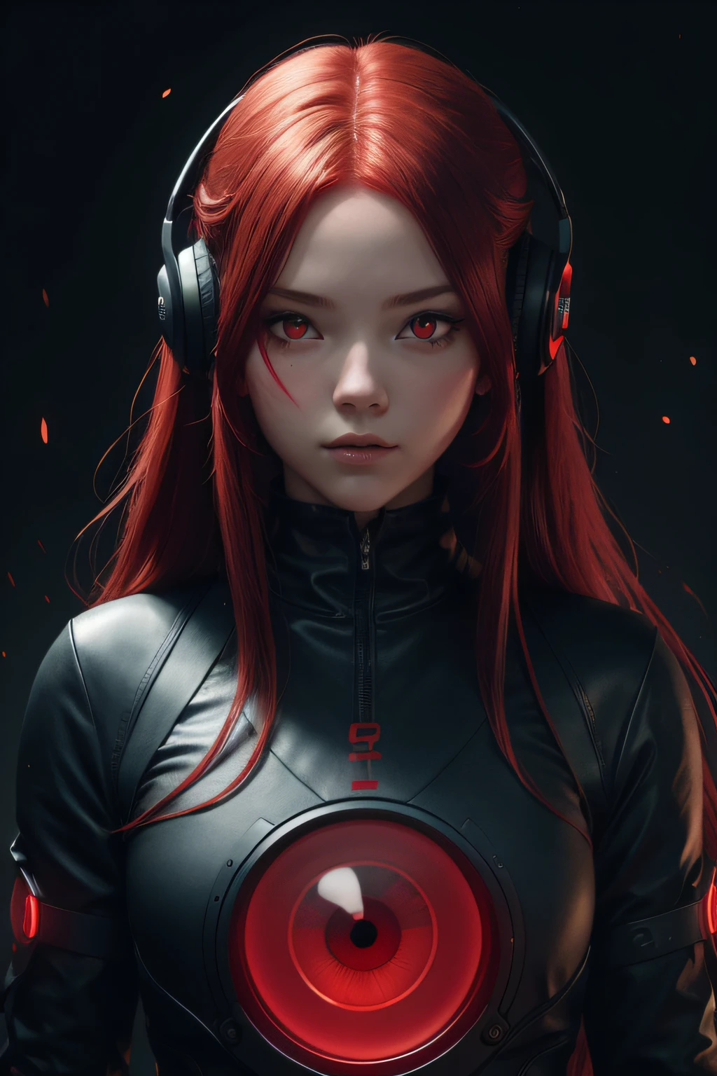 girl with long red hair, red eyes, futuristic vibes, mask on mouth, headphones, 8k, high quality, simple background, glowing eyes, nice pose