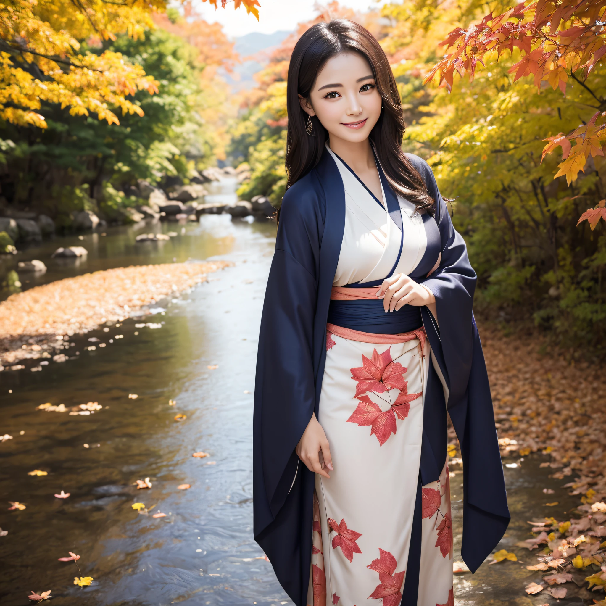 (Super beautiful woman in kimono)、((best qualtiy、8k masterpieces:1.3))、foco nítido:1.2、(ultra beautiful faces:1.0)、(shinny skin:1.0)、photos realistic、A dark-haired、Video Lighting、High-definition eyes and face、Video Lighting、Japanese actressl、from the front side、medium breasts、With a happy smile、wearing kimonos、Under the autumn leaves、