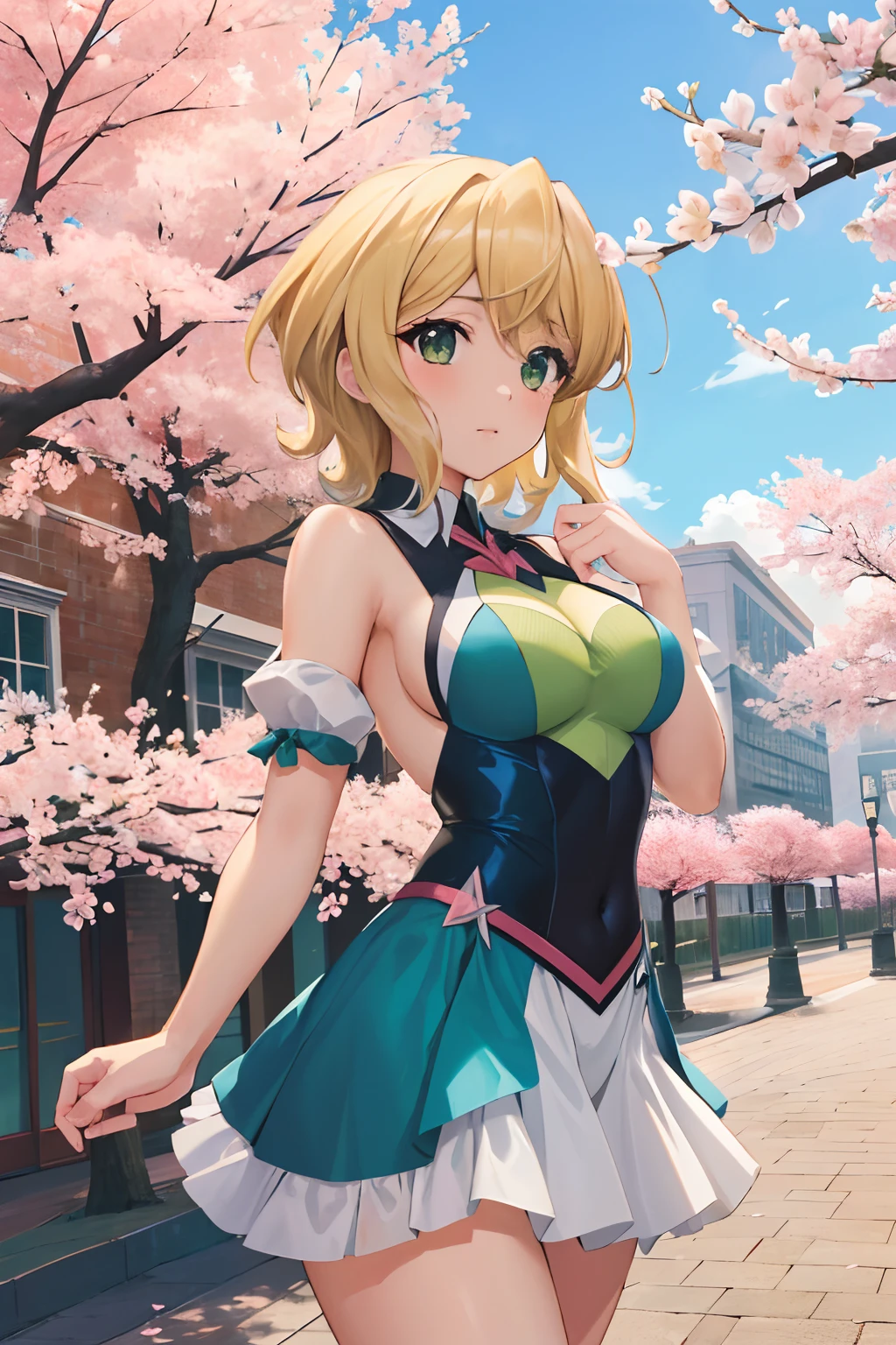 masterpiece, best quality, high resolution, extremely detailed, detailed background, cinematic lighting, 1girl, cute, medium breasts, public indecency, looking at viewer, buildings, outdoor, cherry blossoms, symphogear outfit, blonde hair, green eyes