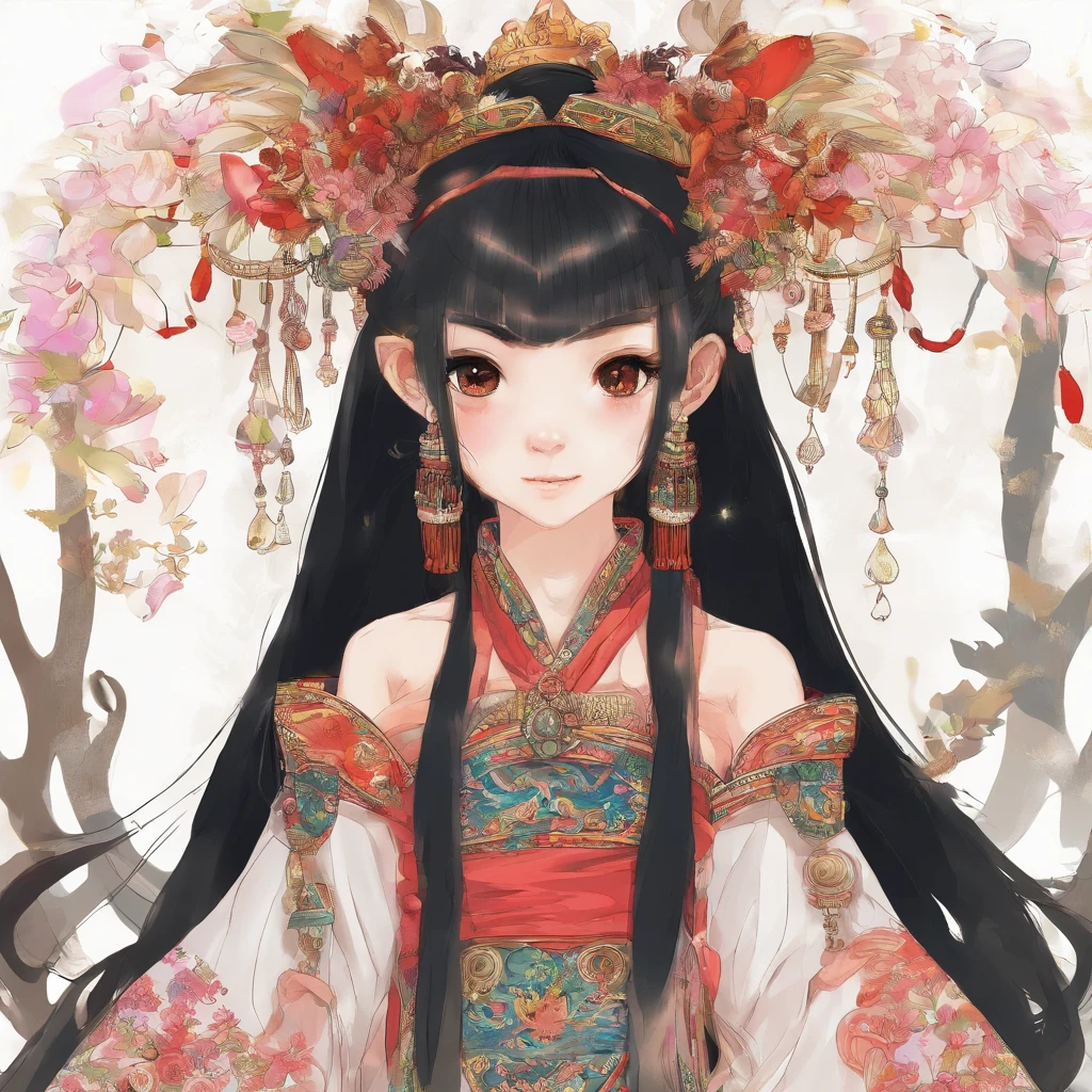 A Zhuang girl,Black hair,with a round face,largeeyes,The mouth smiles,Hold hands with the god of the ox king