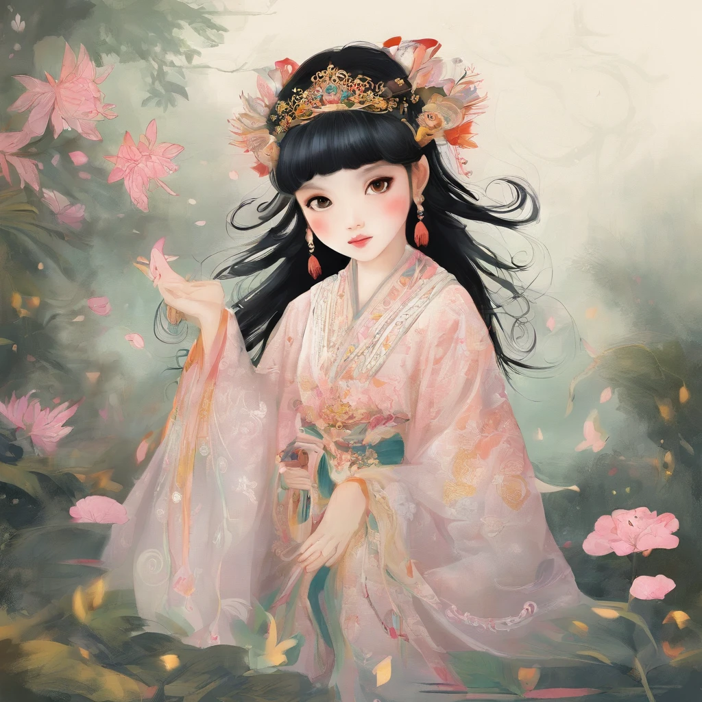 A Zhuang girl,Black hair,with a round face,largeeyes,The mouth smiles,Hold hands with the god of the ox king