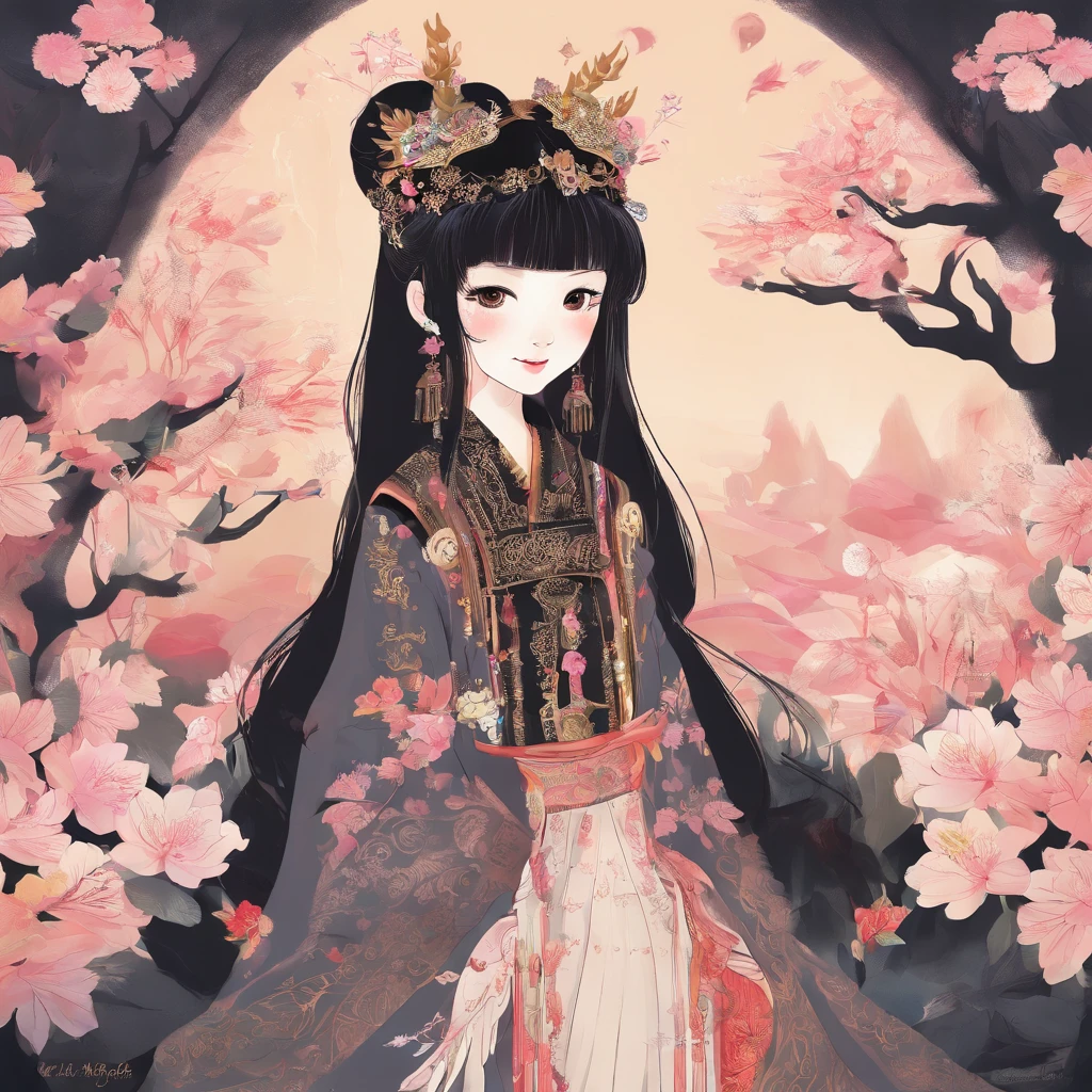 A Zhuang girl,Black hair,with a round face,largeeyes,The mouth smiles,Hold hands with the god of the ox king