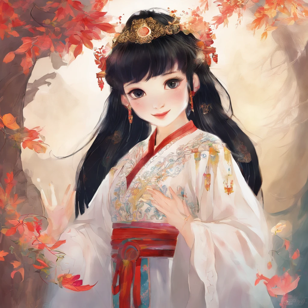 A Zhuang girl,Black hair,with a round face,largeeyes,The mouth smiles,Hold hands with the god of the ox king