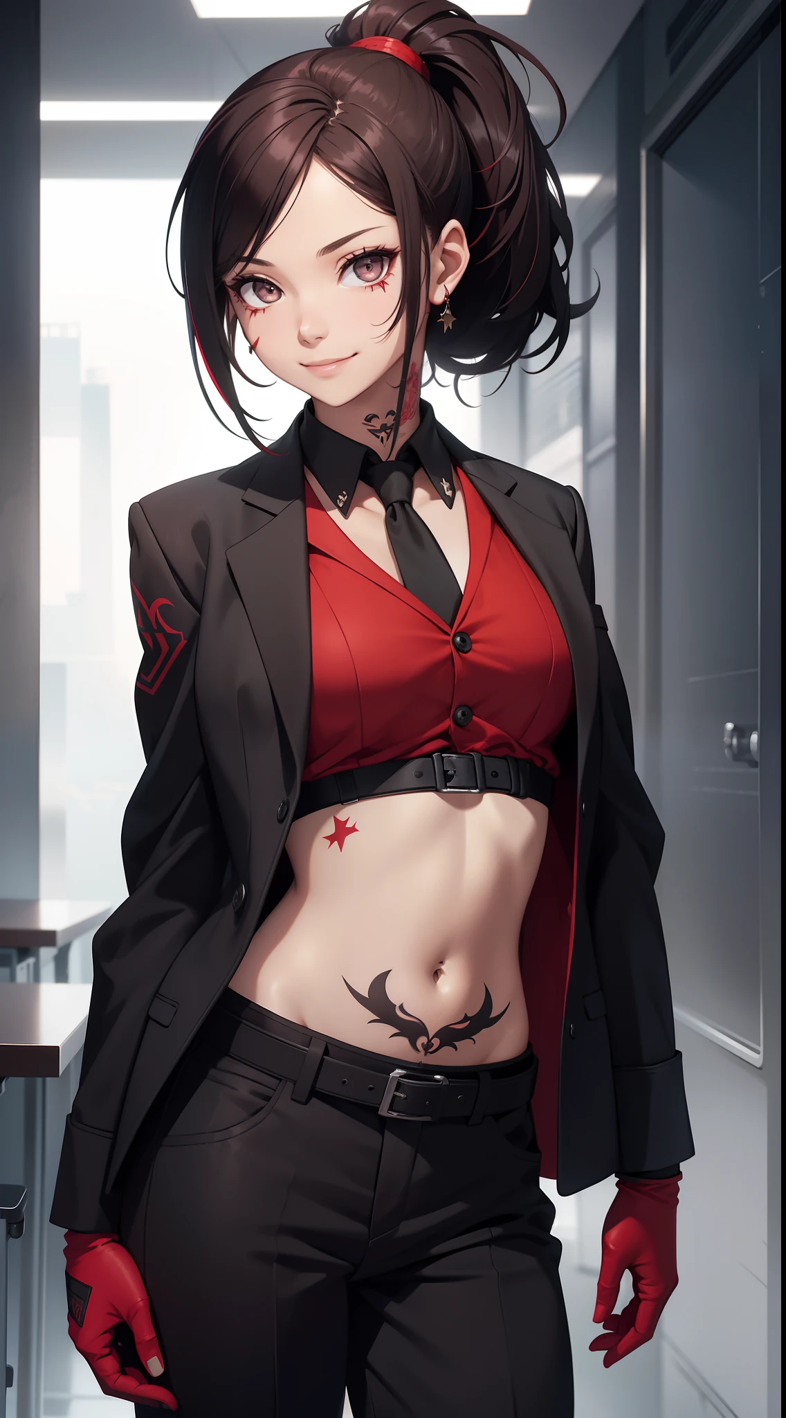 young girl, Short black and red hair, high ponytail, gray eyes, Smile, open belly, black trousers, red jacket, tie, belts, fetters, Tatoo, iron gloves, face tattoos, Masterpiece, hiquality, 4k, HD, Good detail