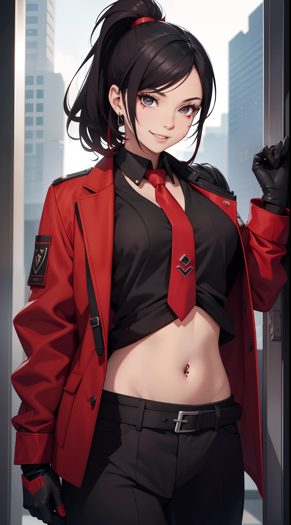 young girl, Short black and red hair, high ponytail, gray eyes, Smile, open belly, black trousers, red jacket, tie, belts, fetters, Tatoo, iron gloves, face tattoos, Masterpiece, hiquality, 4k, HD, Good detail