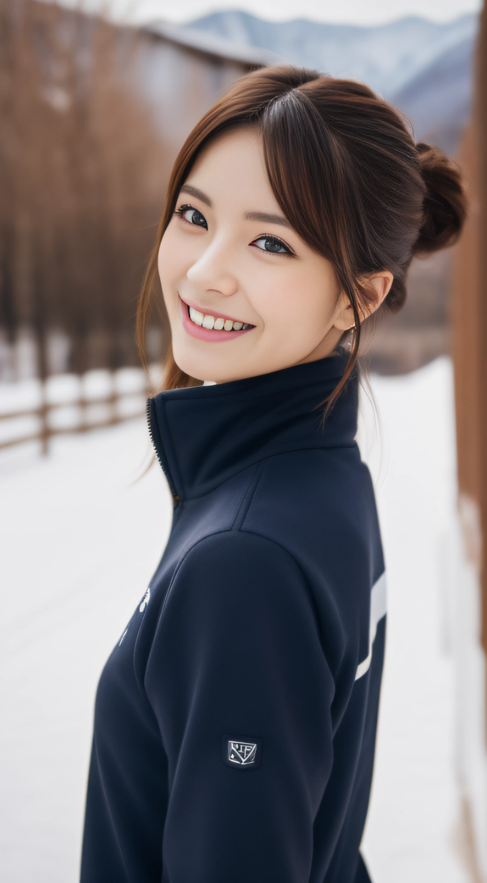 The face is a hostess、Beauty 3 people、Ski Wear、hiquality、A hyper-realistic、healthy、Smiling expression、Slender perfect figure、Japan beauties、beautidful eyes、face perfect、Beautiful skin、from the rear、a ski