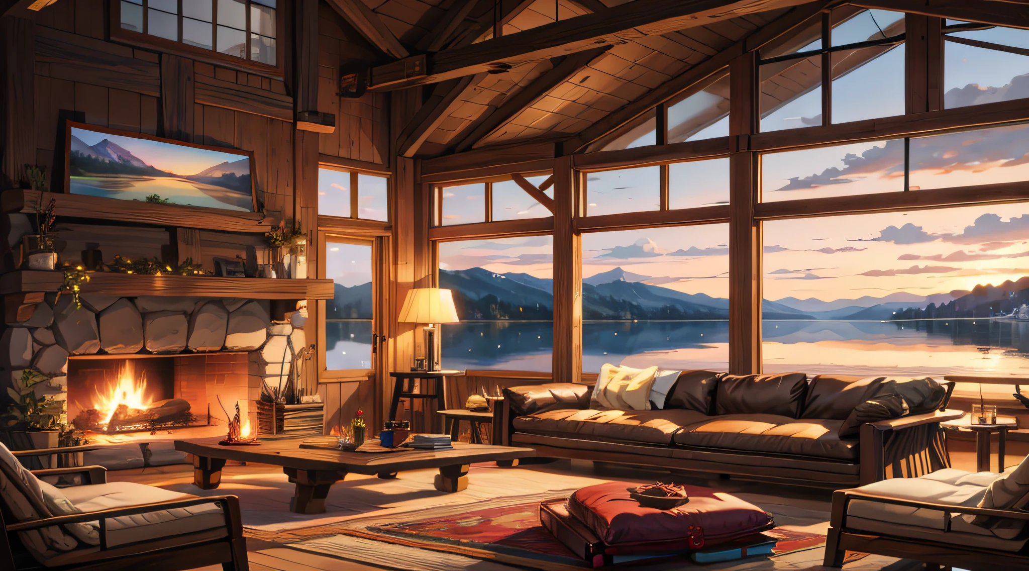 painting of a lake cabin, lakeside view,glistening ,couch,table, fireplace ,pot,rug,beautiful scenery,calm lofi vibe,stream,4k hd, cloud,beautiful art uhd 4 k, a beautiful artwork illustration, beautiful digital painting, highly detailed digital painting, beautiful digital artwork, detailed painting 4 k, very detailed digital painting, rich picturesque colors, gorgeous digital painting