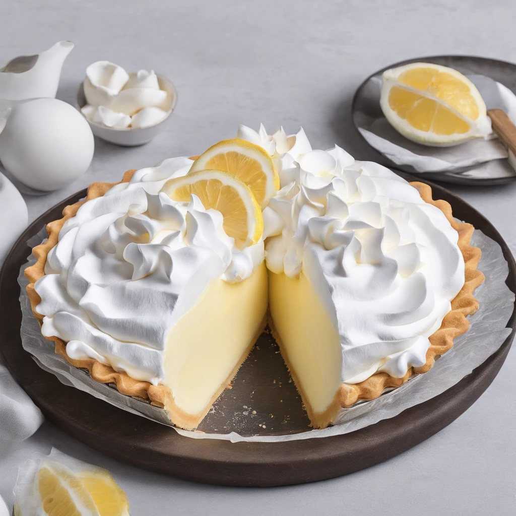 Close-up of the kitchen countertop,Lemon meringue pie,cutting board,Blander,Egg shells,Glass bowl with egg whites,whipped cream,lemons,Official product photo, smooth clean surfaces, an award winning masterpiece, professional food photography, highly detailed composition, food photography,Ultra photo realsisim,