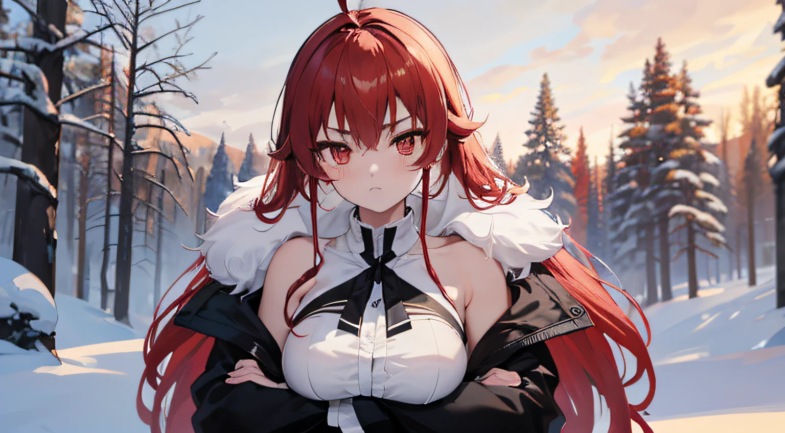 ((top-quality)),(An unparalleled masterpiece),(The ultra -The high-definition),(unified8K),(extremely clear)独奏,The upper part of the body, eris grayrat, Red Straight Hair,shairband、 Red Eyes、Lifted eyes、Red cheeks、Ahoge, Colossal tits、Fur and black jacket、white shirt、muscular body、Arms crossed、up chest、plein air、snowy background、forested background、beautiful eyes in detail、Focus on people