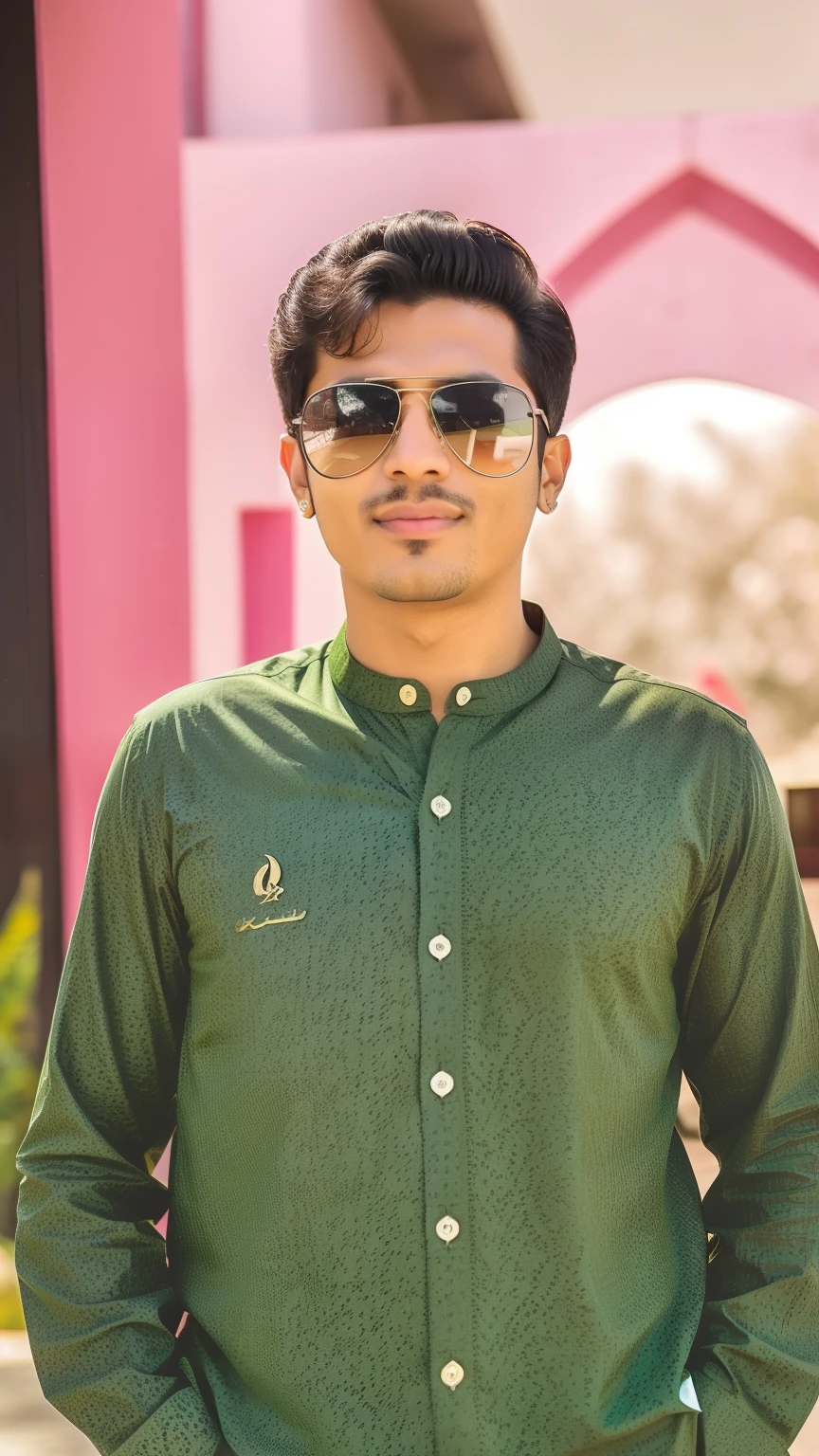 a close up of a person wearing sunglasses and a green shirt, mohamed chahin style, mohamed chahin, profile pic, with sunglass, riyahd cassiem, candid picture, khyzyl saleem, with lovely look, in style of lam manh, wearing a kurta, with a cool pose, inspired by Abidin Dino, profile photo