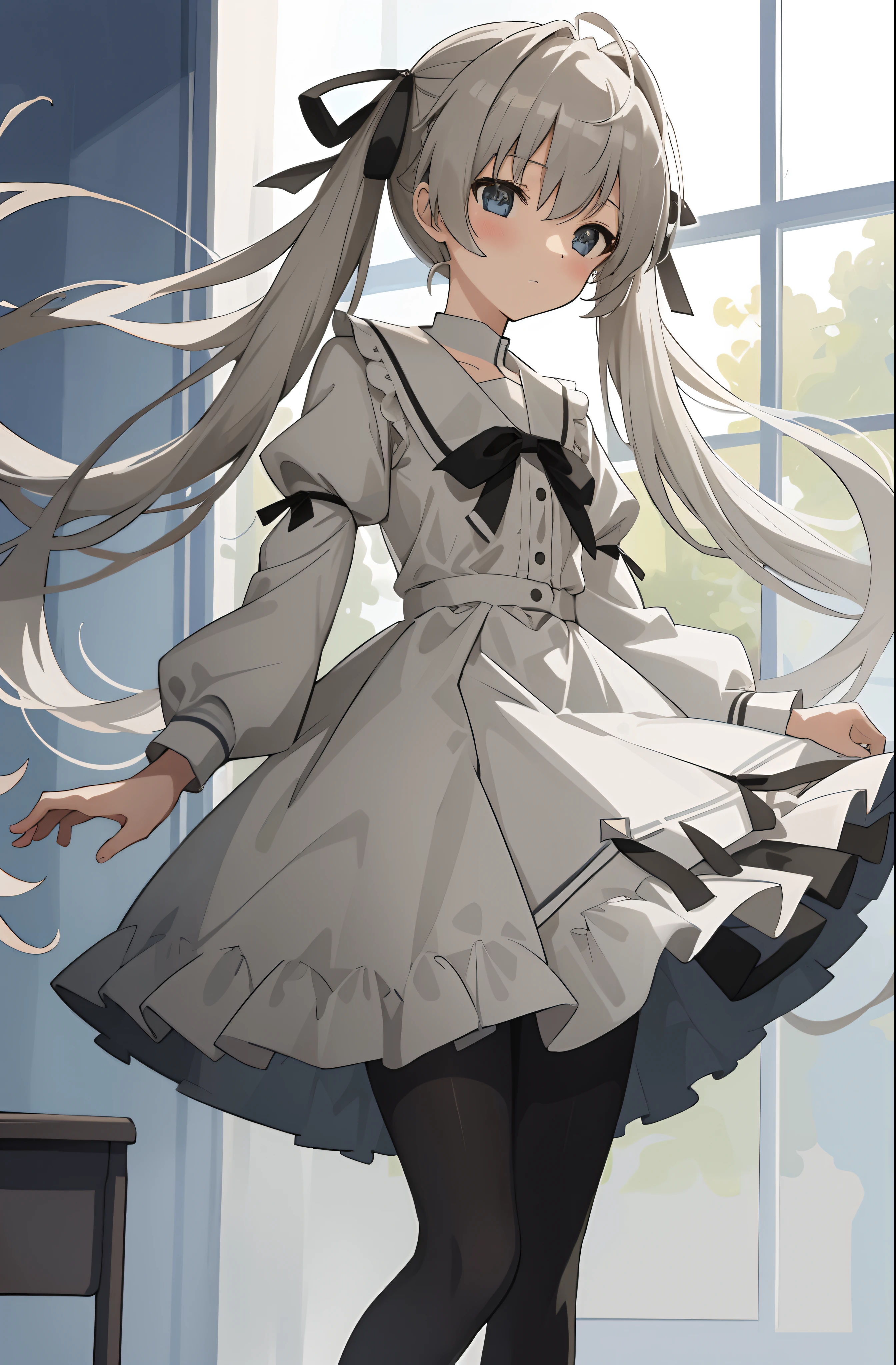 （Masterpiece，best qualtiy，A high resolution：1.5），1girl，high school senior，white skinned，Gray-black pupils，twintails，lacepantyhose，shift dresses，Delicate face，School Background，The light is bright，Sora Kasugano，Animated illustration style，pixiv popular