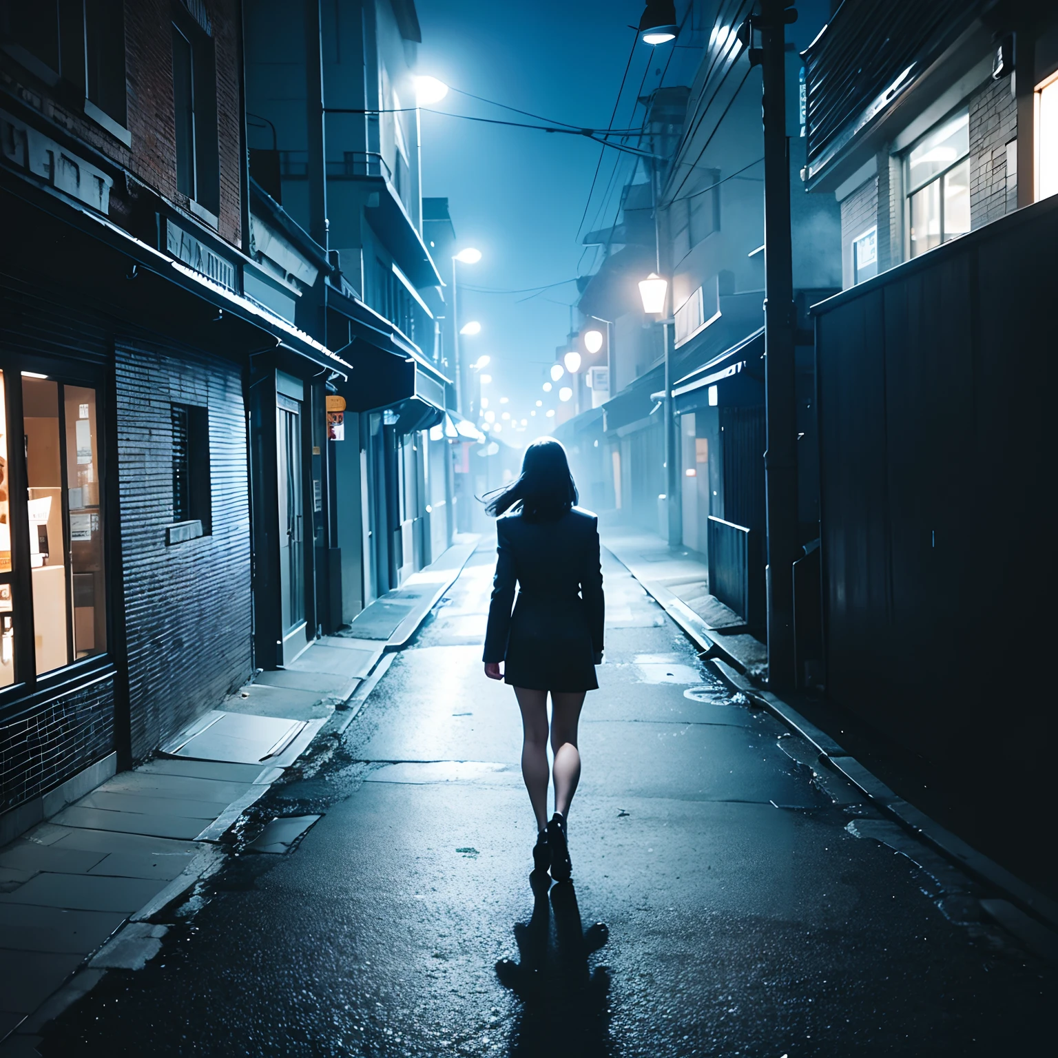 a woman walking away, heavy shadows, blue lighting, street lights