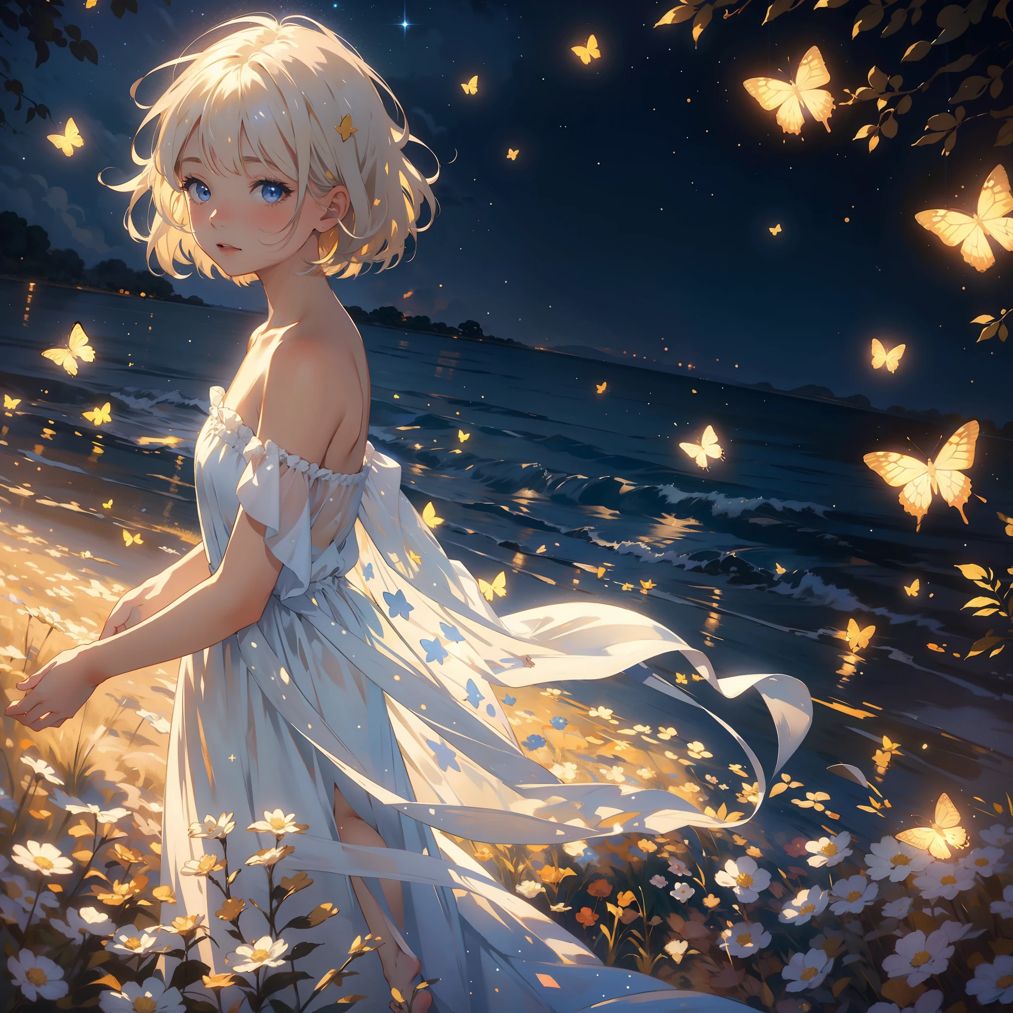 Feature a carefree girl in a windswept field of flowers, surrounded by glowing butterflies. Stars illuminate the sky, and the sun casts a warm glow. Add bokeh for a dreamy touch. distant view, starlight, butterflies, masterpiece, best quality,HDR.UHD.4K,8K,64K,Highly detailed,ultra-finepainting,extreme detail description,Professional, volumetric light, platinum blonde hair, bob cut, butterfly, best quality, illustration, beautiful detailed eyes, blue eyes, pose, white costume, starry sky, standing, from below, sun glare, sun visible at night