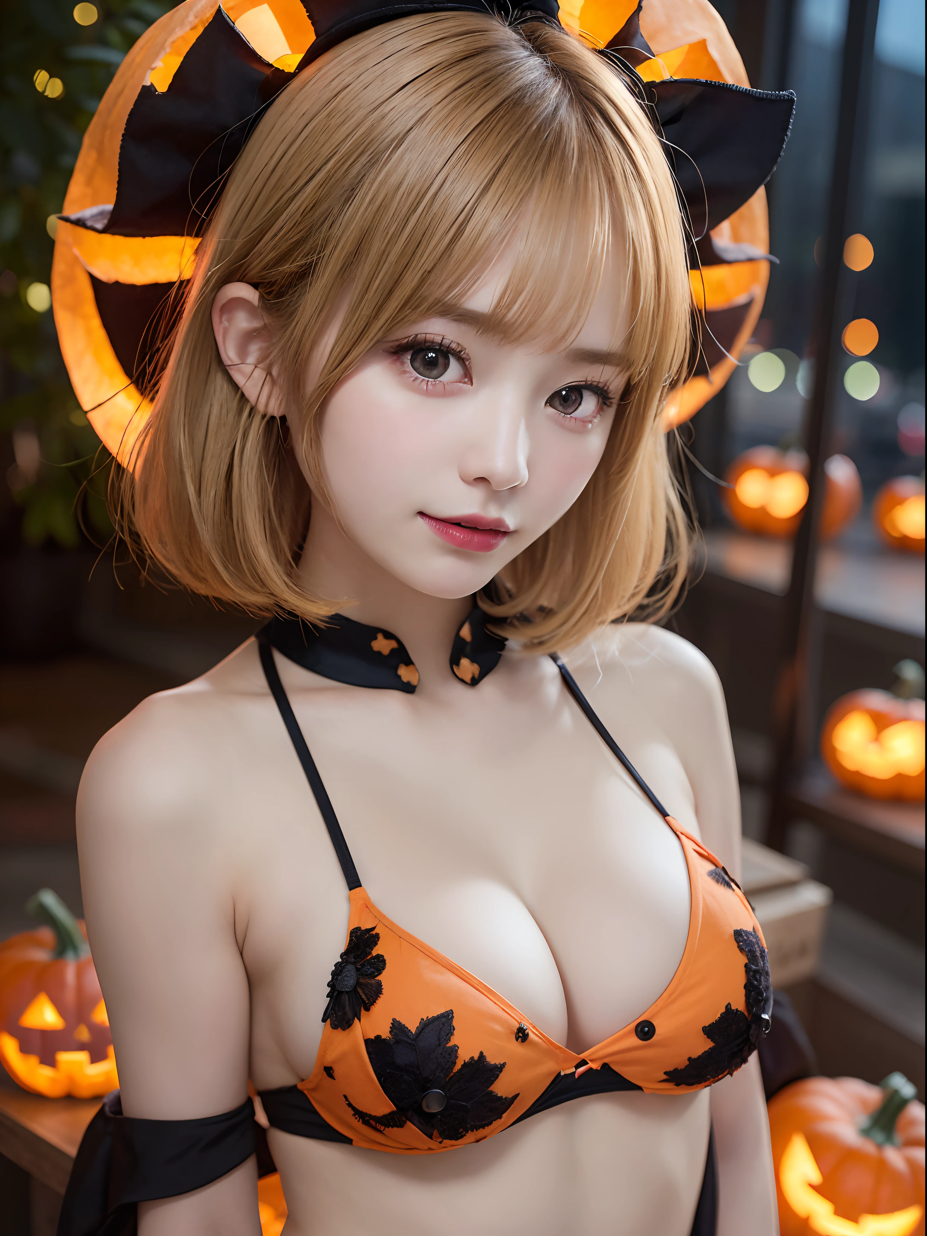 (8K, Raw photo:1.2)Detailed face and eyes,Best Quality, 超A high resolution, Highly detailed ,intricate detailes ,masutepiece ,Cute Girl , Soft cinematic light, Hyper-detailing,Sharp Focus, High quality,  Halloween, Jack-o'-lantern, tits out, a blond, Bob Hair, bob cuts, Pumpkin Cap,Pumpkin panties