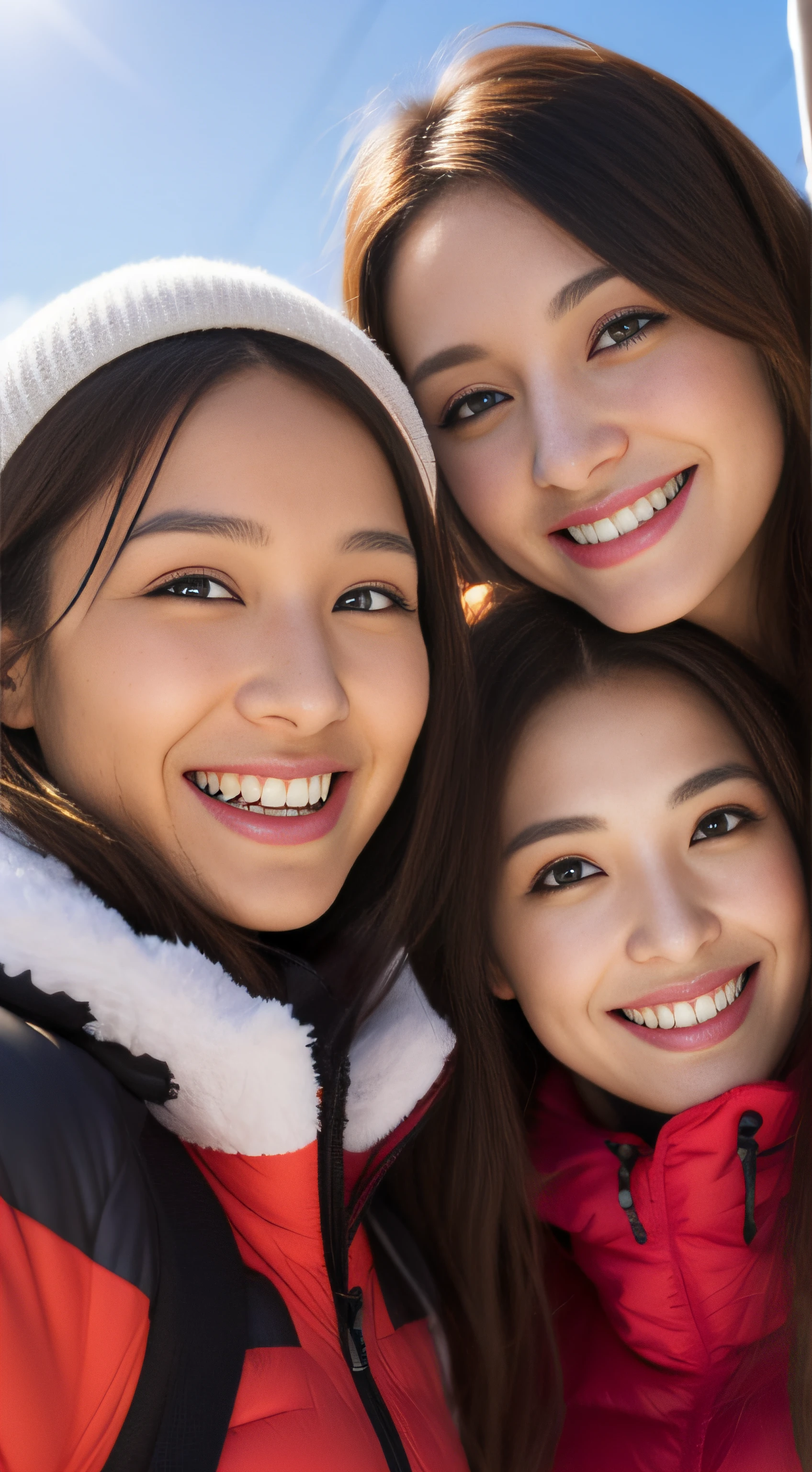 The face is a hostess、Beauty 3 people、Ski Wear、hiquality、A hyper-realistic、healthy、Smiling expression、Slender perfect figure、Japan beauties、beautidful eyes、face perfect、Beautiful skin、a ski