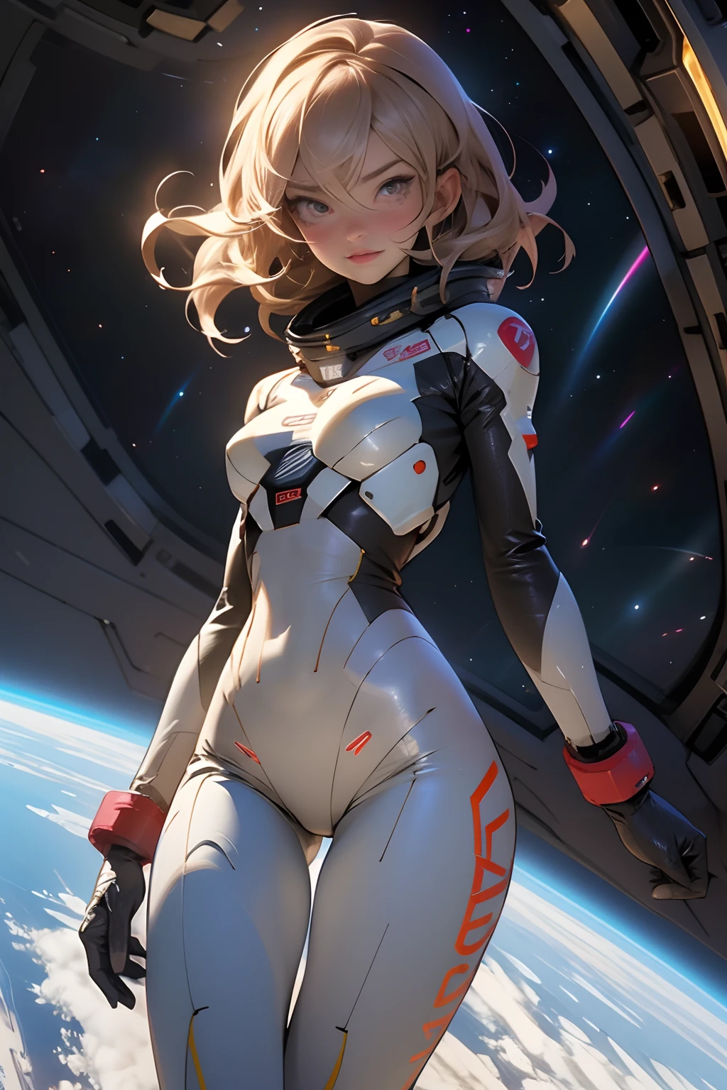 sandy hair fit body large breasts slender thighs slender waist pilot suit solo looking at viewer in space long hair blushing determination, 8k, extreme detail,