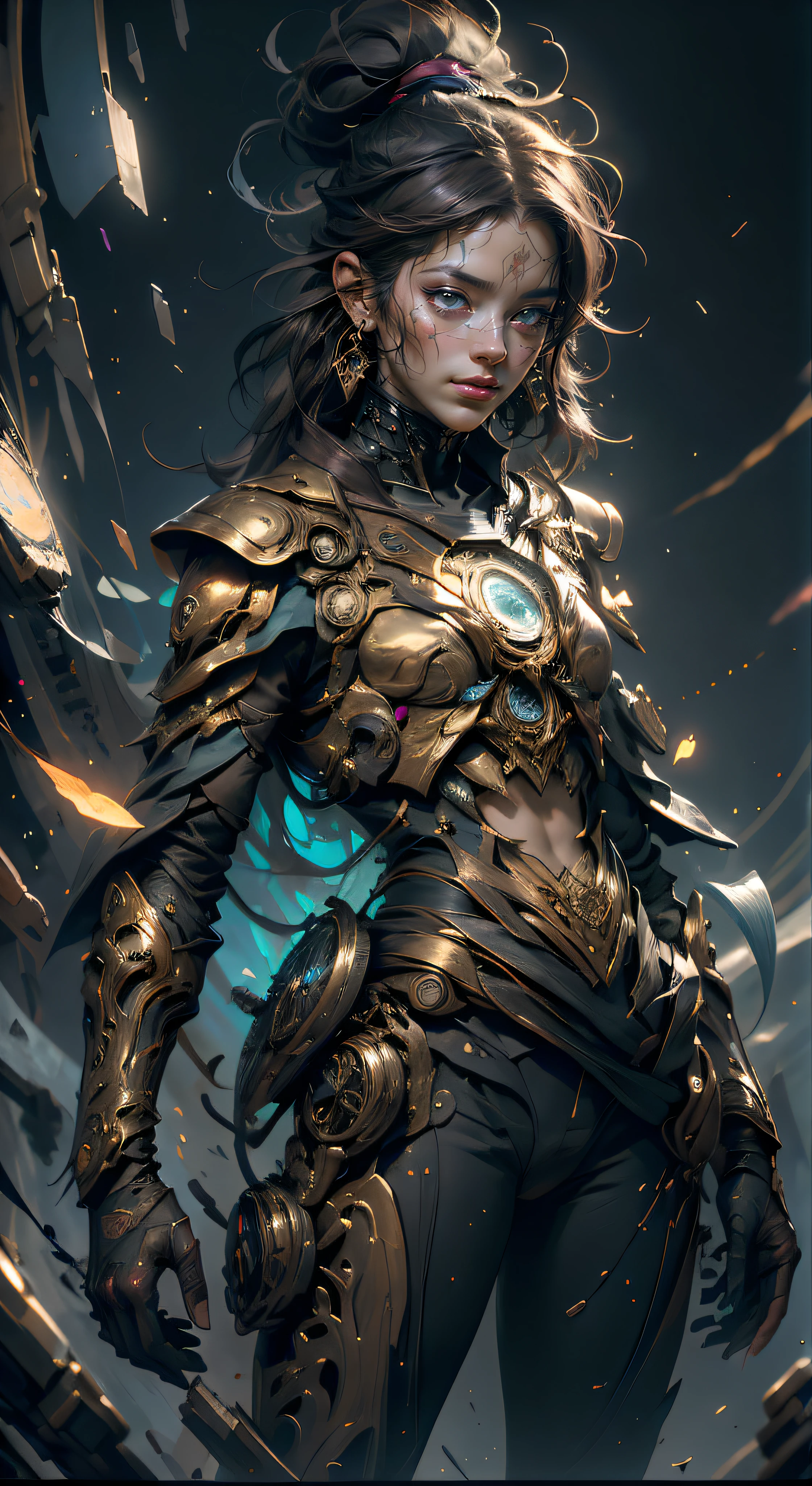 Perfect centralization, Fantastic Beams Fantastic Black Gold, alegria, Standing position, beleza abstrata, Centrado, looking at the camera, Facing the camera, Approaching perfection, Dynamic, altamente detalhado, liso, foco nítido, 8k, alta resolução, illustration, arte de Carne Griffiths e Wadim Kashin, feixes laranja, feixes pastel, Rosto realista, modelo do tiktok @foxkalica_ofc