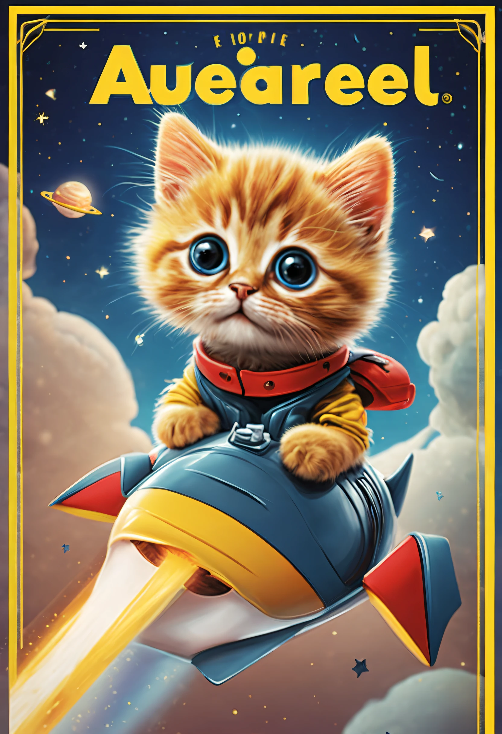 Sponge aliens, Front page of the magazine, Cover of a, Cute kitten riding on a rocket
