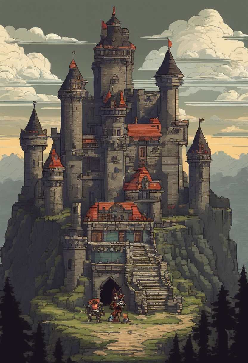 cavalier, Demons, Two monsters, cross-section,illustration, Details of the interior of the castle, Gloomy atmosphere, Middle Ages style, Dim lighting, Stone walls, Spooky shadows, Mystical Artifacts, Combat posture, Intense action, Fierce expression, Menacing claws, Sharp teeth, Menacing presence, Ominous feeling, High-quality rendering, Super detailed characters, Realistic textures, dark palette, Dramatic lighting，Game levels