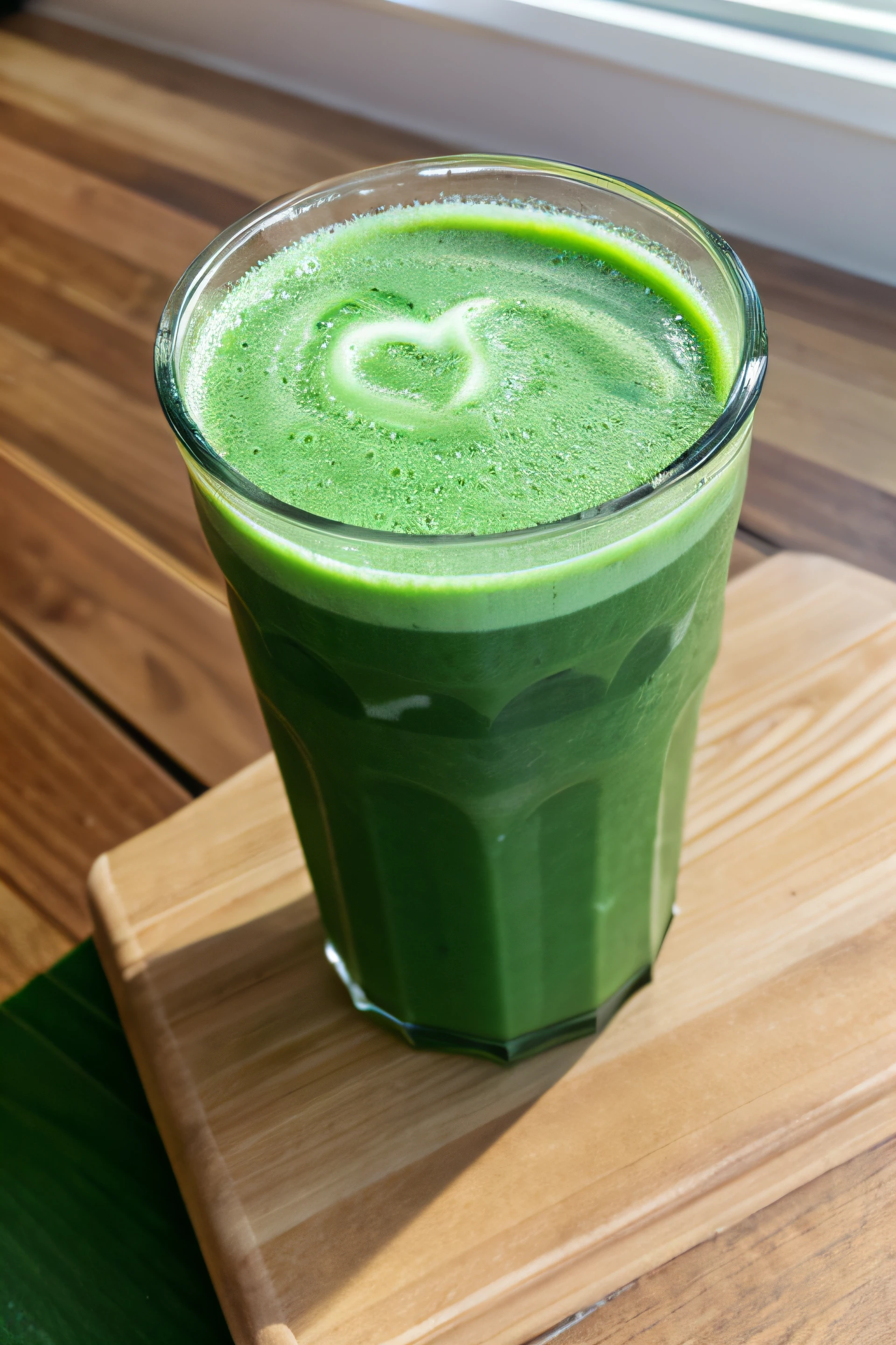 Green juice with a lot of foam、frontage