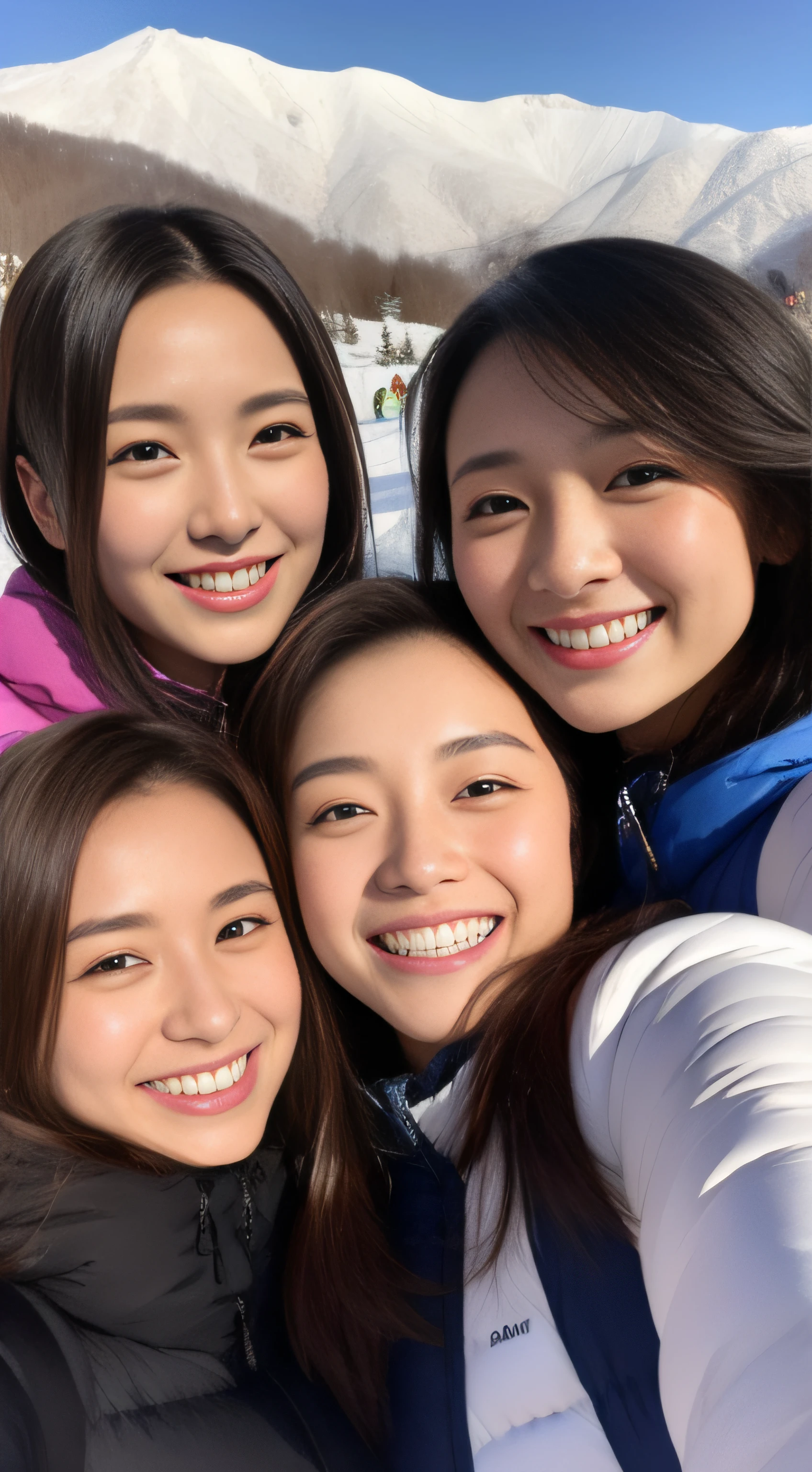 The face is a hostess、Beauty 3 people、Ski Wear、hiquality、A hyper-realistic、healthy、Smiling expression、Slender perfect figure、Japan beauties、beautidful eyes、face perfect、Beautiful skin、a ski