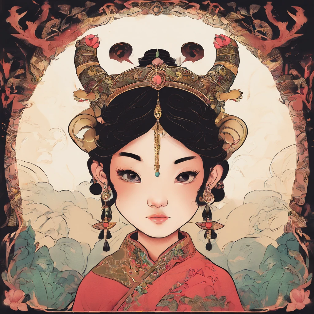 A Zhuang girl,Black hair,with a round face,largeeyes,The mouth smiles,A bull king god,tan hair,There is a pair of horns on the head,Stand with the Zhuang girl