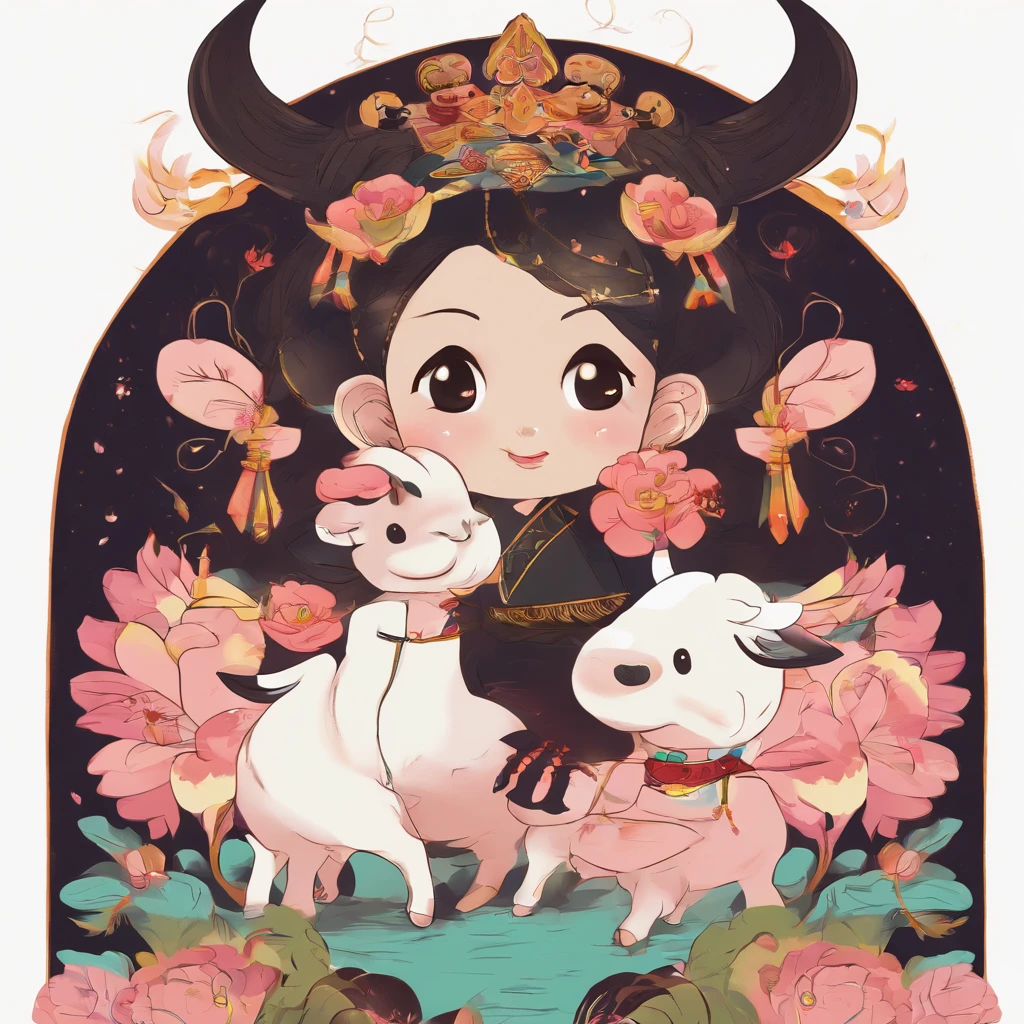 A Zhuang girl,Black hair,with a round face,largeeyes,The mouth smiles,A bull king god,tan hair,There is a pair of horns on the head,Stand with the Zhuang girl