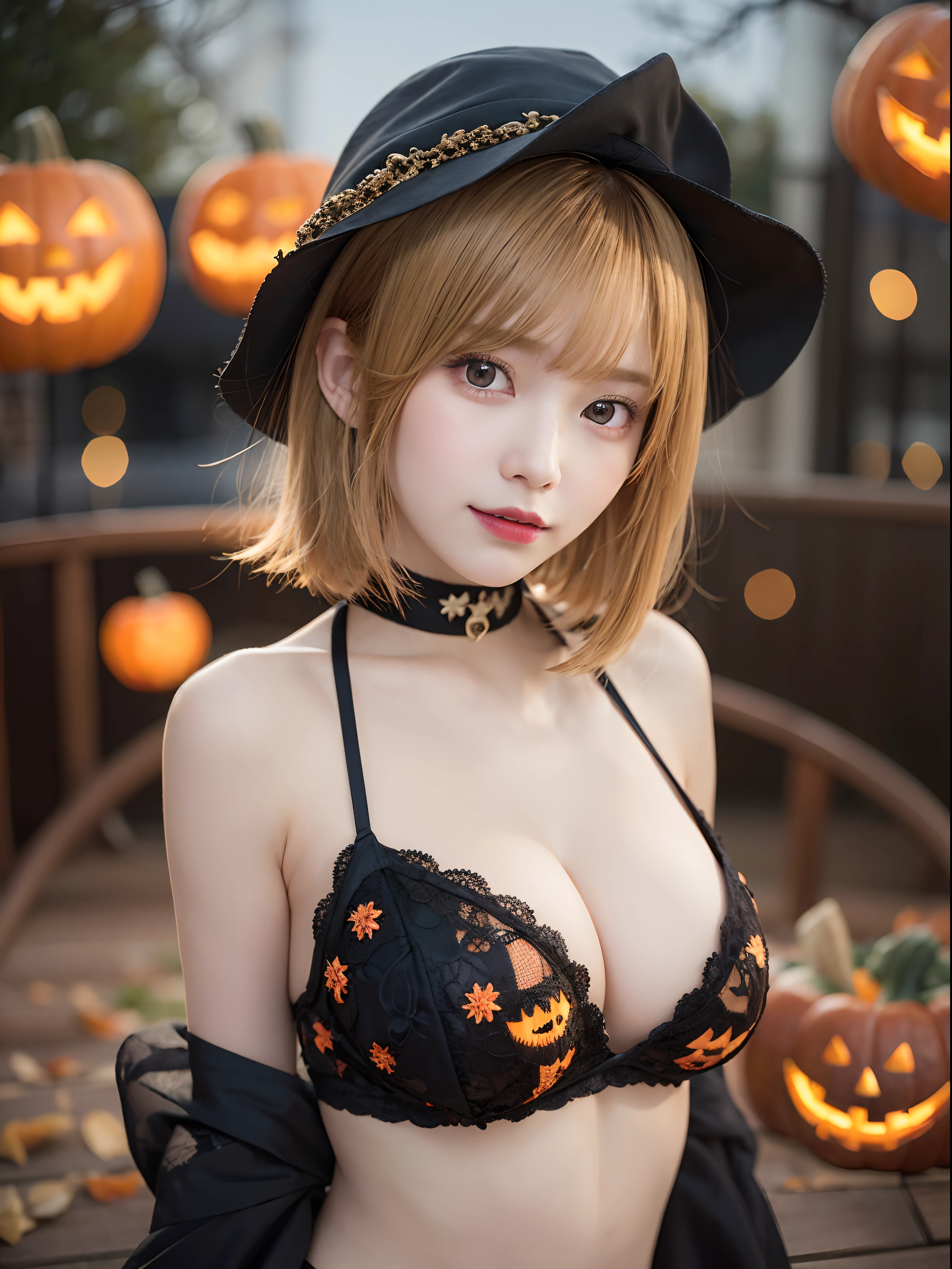 (8K, Raw photo:1.2)Detailed face and eyes,Best Quality, 超A high resolution, Highly detailed ,intricate detailes ,masutepiece ,Cute Girl , Soft cinematic light, Hyper-detailing,Sharp Focus, High quality, Halloween, Jack-o'-lantern, tits out, a blond, Bob Hair, bob cuts, Pumpkin Cap,Pumpkin panties