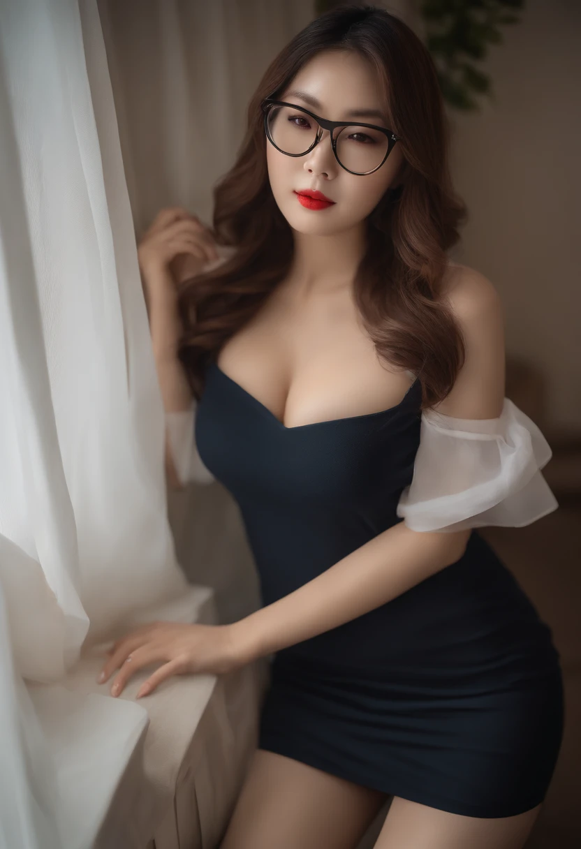 Torn pantyhose、high-level image quality、Tall、slender、large full breasts、hotel、Fluffy shirt、eye glasses、Pubic area visible