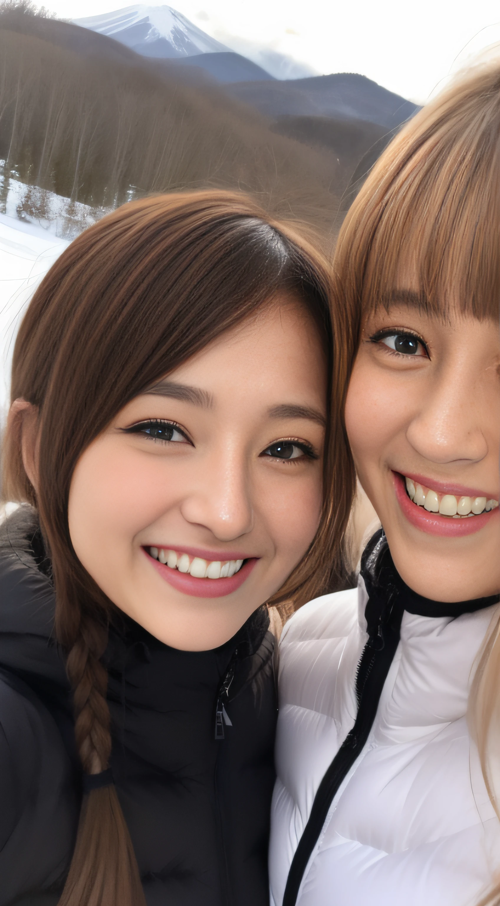 The face is a hostess、Beauty 3 people、Ski Wear、hiquality、A hyper-realistic、healthy、Smiling expression、Slender perfect figure、Japan beauties、beautidful eyes、face perfect、Beautiful skin、a ski