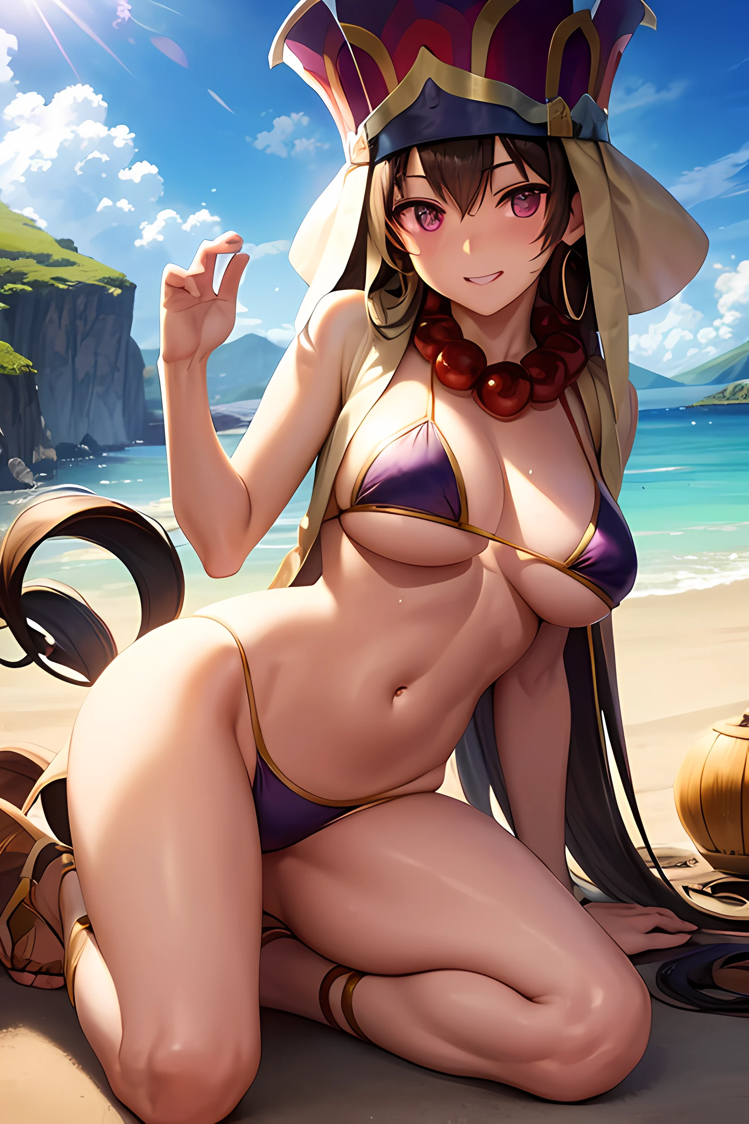 Photo of xuangzang sanzang, brown hair, long hair, (purple eyes:1.1), bead necklace, beads, bikini, earrings, foreshortening, gourd, hat, jewelry, necklace, strap gap, swimsuit, underboob, on a sunny beach, (light skin), (sweating) ,(beautiful scenery),(perfect face), masterpiece, blush, 1girl, solo,  full body, MILF, beautifully drawn eyes, perfect eyes, perfect lighting