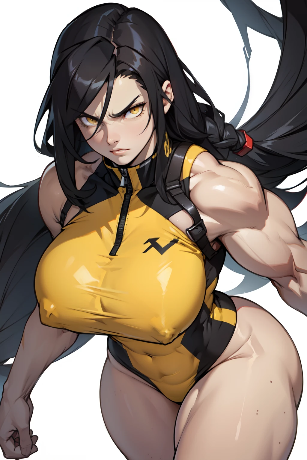 1 girl huge breasts black hair yellow eyes pale skin very long hair angry (((muscular))) thick thighs