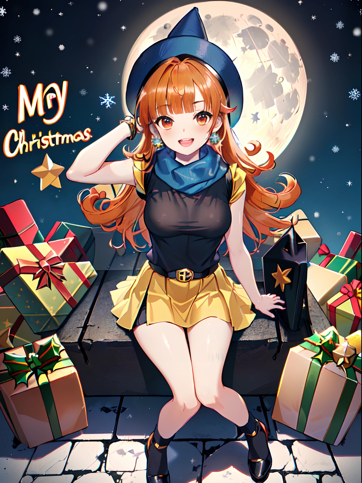 photographrealistic, Sense of depth, Absurd resolution, High resolution, 8K, 4K, detail, Best Quality,, ultra-detailliert,
((Princess Alina in DQ4)), ((Blue tricorn hat)), ((dark orange hair)), (shoulder-length hair), fluffy hair, (Blunt bangs), (blue scarf), , Orange Eyes, ((slender)), ((small tits)),
(((Christmas))), (sitting), ((full moon)), ((Black tee shirt)), ((Yellow miniskirt)),
Smile, Open mouth, Looking at the camera, full-face blush, Full body shot,