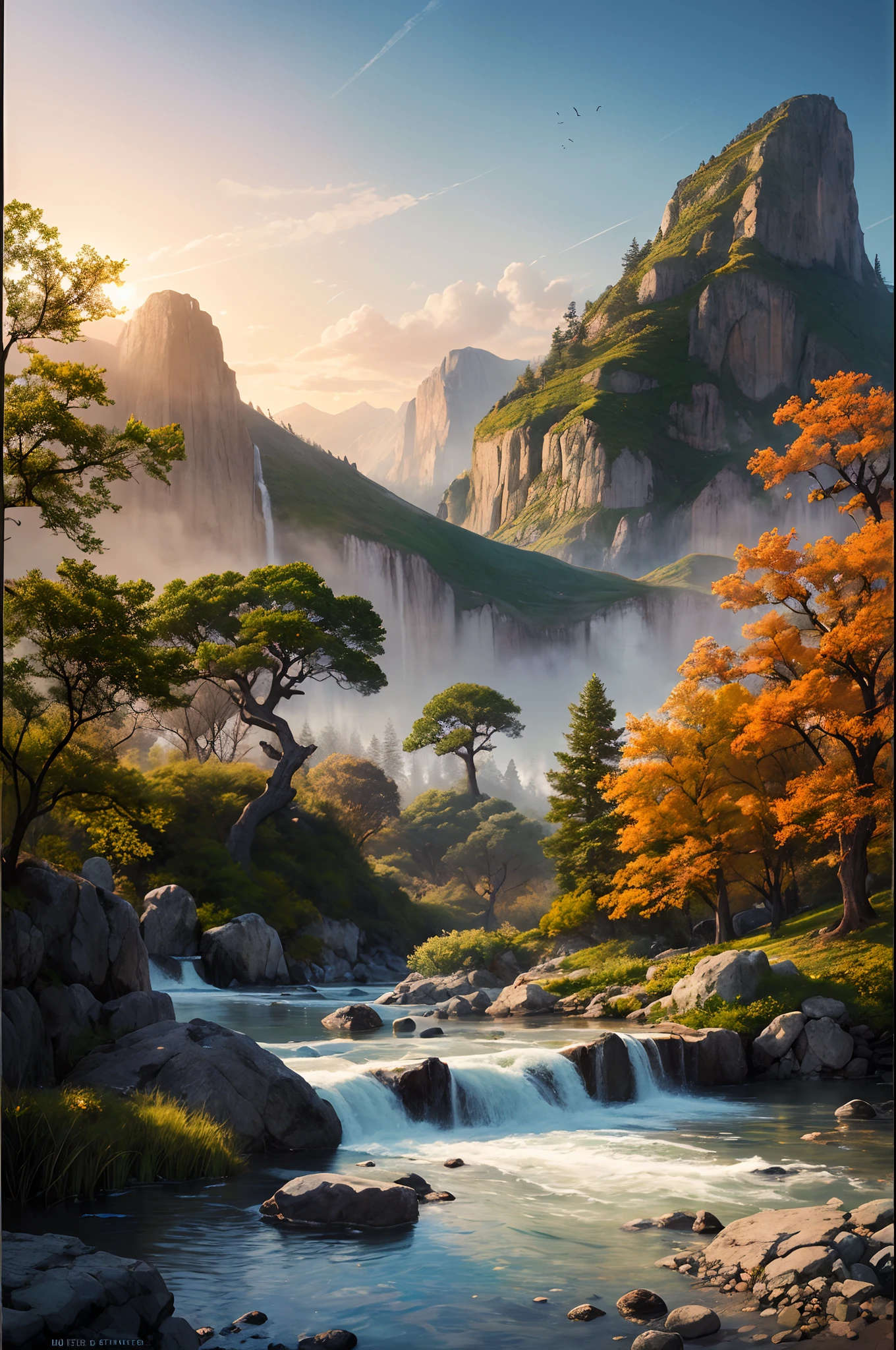 (Best Quality),(masutepiece),(ultra-detailliert),(detaileds),(Extremely detailed),subject: Beautiful anime nature scenery Medium: Digital illustration or traditional painting. resolution: 4000x3000 pixels. color palettes: Vivid and lush colors inspired by nature. mood: Serene, tranquil, And awe-inspiring. Composition: Balanced composition focused on natural elements. Lighting: Soft, Natural light with varying brightness. Style: Inspired by anime with a touch of realism and fantasy. Details: Majestic mountain々Include elements such as, Calm lake, Blooming field, and lush forests. inspiration: Anime landscapes, Studio Ghibli Movies, Real-world natural environments. Camera Setup: None (Because it is a digital illustration). Additional Notes: Pay attention to the beauty and complexity of the natural landscape. Create depth and dimension by incorporating a foreground layer, middle ground, and background elements. Using different brush strokes and textures、Captures wood textures, boulders, Water, and other natural elements. Experiment with lighting and shadows、Add depth and realism to your scene. Include details like birds, butterflys, Or wildlife brings the scene to life. Consider adding an element of fantasy or magic, Floating islands, etc., a mythical creature, Or glowing plants. Combining vivid and harmonious colors、Conveys the beauty and vibrancy of nature. By incorporating elements such as flowing water、Emphasize the tranquility and serenity of the scene, breezing, Or a soft sunset. Your creativity and imagination、Let us guide you in creating breathtaking anime natural landscapes that will take viewers into a world of beauty and wonder.