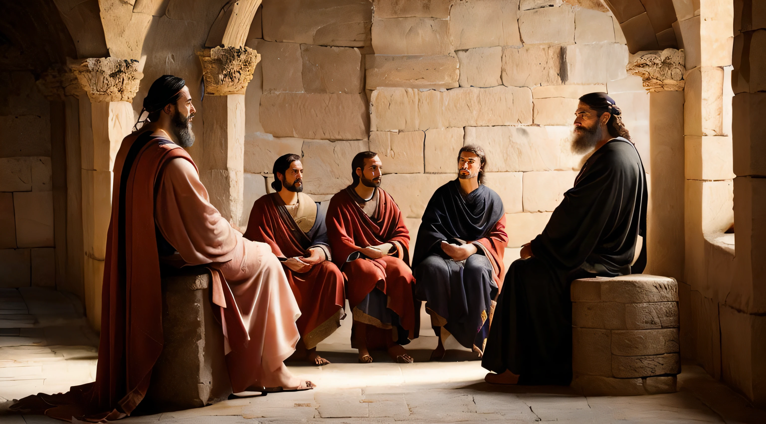 Ancient Israel、Biblical times、1st century、(((The disciples listen to the short-haired Christ)))、8K、Raw photography、top-quality、masterpiece:1.5、ultra-lightweighthigh-resolution、Photorealsitic:1.5、ciinematic light、soft volumetric lighting:1.5、realisitic、Photorealsitic:1、Detailed skin、profetional lighting、a picture、foco nítido、detaileds、profetional lighting、photon maping、detailed and intricate environment、ighly detailed、top-quality、Artistic photography、photorrealistic concept art、soft natural volumetric cinematic perfect light、Midjourney、Detailed hand、