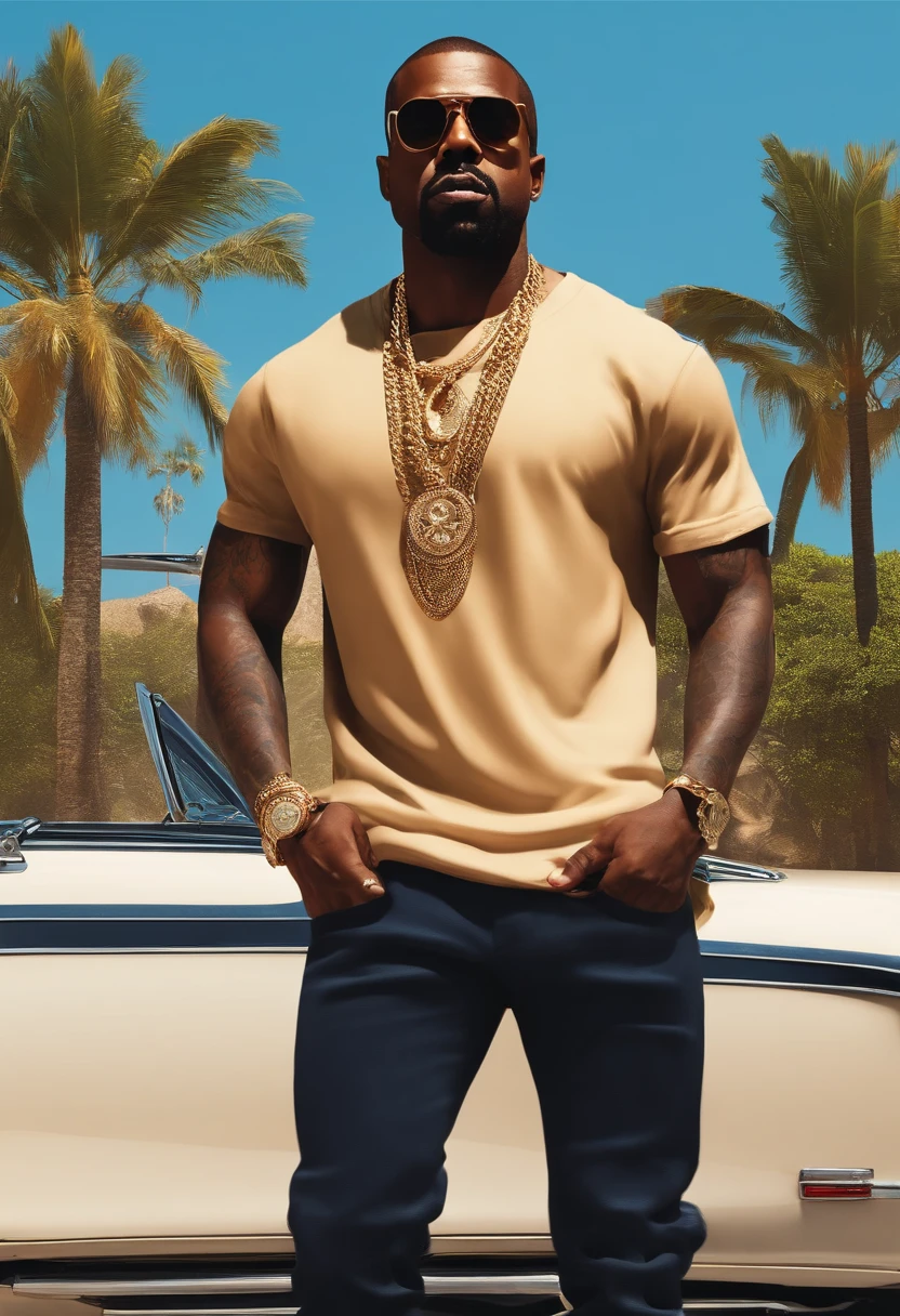 Kanye West with his arms crossed, sem camisa, Tatuado,magro, Gold chain around his hip hop style neck, cabelos vermelho, Sobrancelhas vermelhas, cavanhaque vermelho, GTAV Estilo dos desenhos animados, com fundo vermelho, com raios azuis, estilo dos desenhos animados, foco no fundo dos desenhos animados.