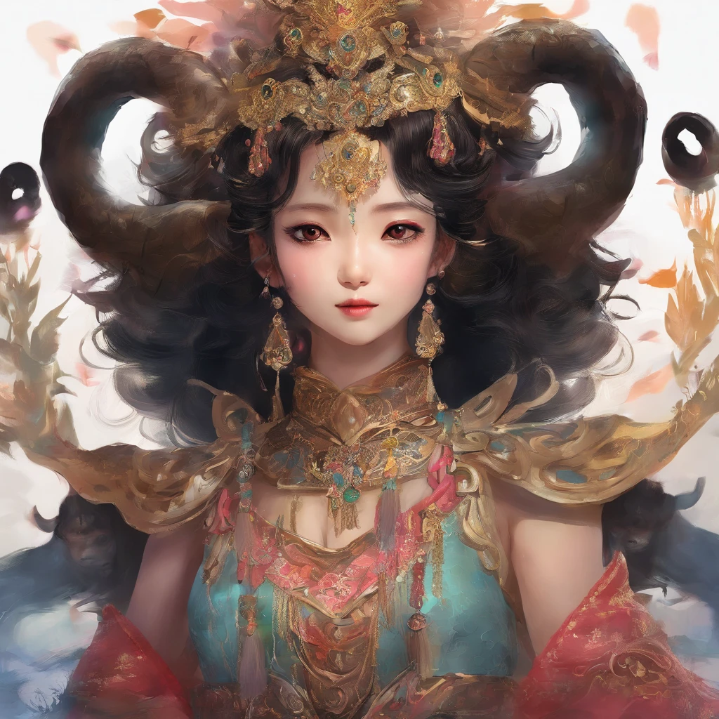 A Zhuang girl，Black hair，with a round face，largeeyes，The mouth smiles，The god of the bull king，tan hair，There is a pair of horns on the head，Stand with the Zhuang girl