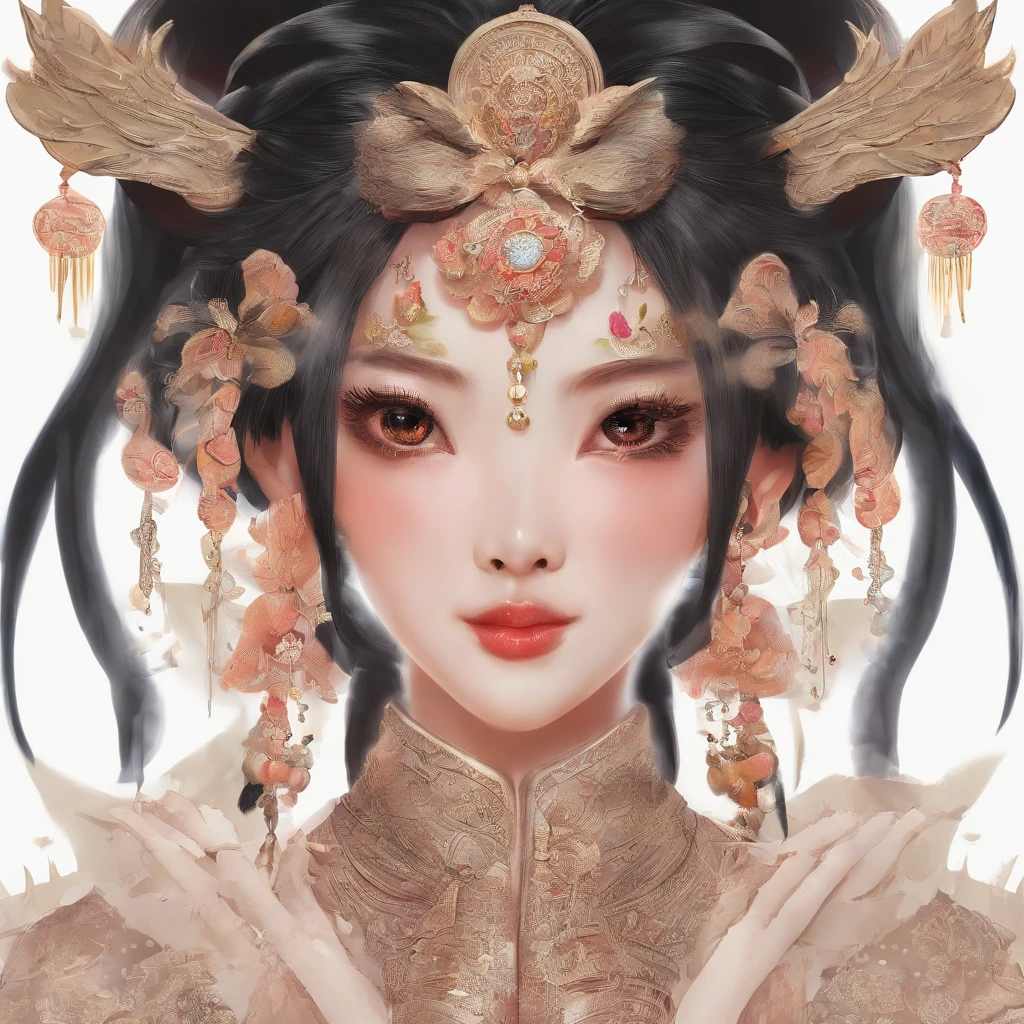 A Zhuang girl，Black hair，with a round face，largeeyes，The mouth smiles，The god of the bull king，tan hair，There is a pair of horns on the head，Stand with the Zhuang girl