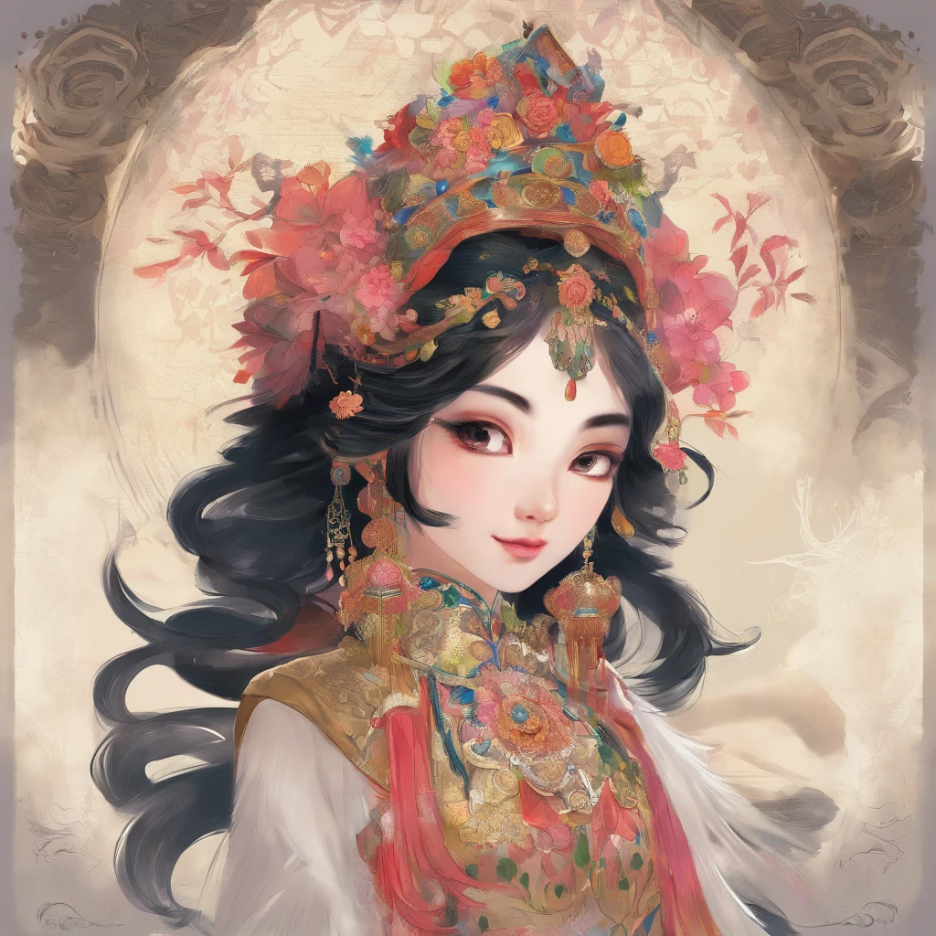 A Zhuang girl,Black hair,with a round face,largeeyes,The mouth smiles,The god of the bull king,tan hair,There is a pair of horns on the head,Stand with the Zhuang girl
