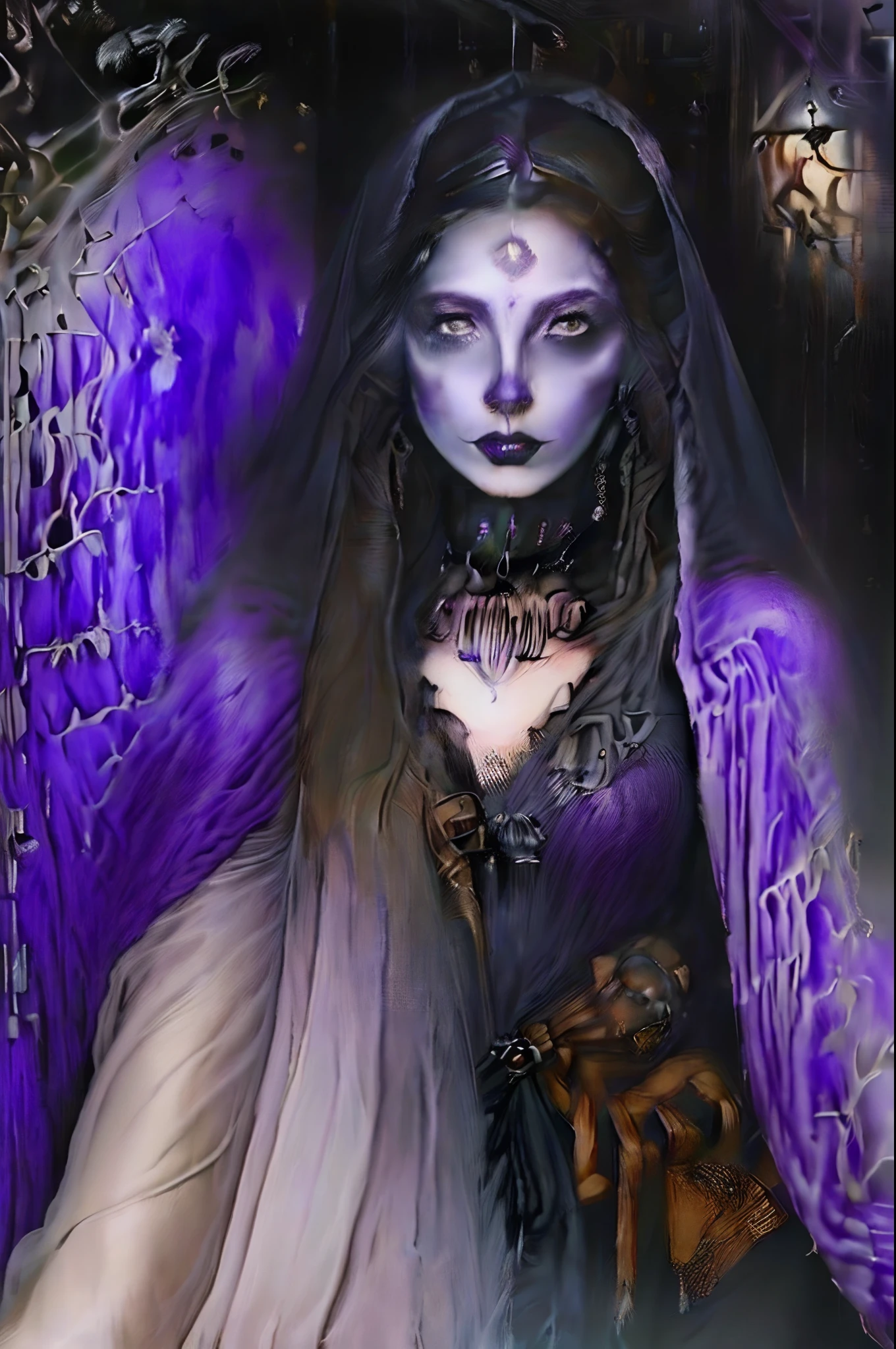 (Close-up of a Celtic witch standing at a bat castle on Halloween), (Clear and perfect facial features,) Medieval European purple dress, Belted top, Cloak, mitts, Smooth or textured fabrics, Silk, Velvet or leather, Dark skin, skeleton face，Smoky makeup, （Bloody mouths and large skulls）, Ugly costumes，Gothic or medieval style necklaces, bracelets and earrings, 
Background: sankta. Debate Castle,themoon，the bats，Bat Castle, 
(The whole is blue-violet light）,concept art of character,Game scene graph,close up photograph,Photography,Clear facial features,A beautiful painting by Alphonse Mucha,Louis Comfort Tiffany,Painted in the traditional French art style,Ukiyo-e art,surrealism,Fever-Dream,Blame the core,author：david bailey,illusory engine,corona rendered,Quixel Megascans Render,v-ray,rendered on octane,archviz/building rendering,ultra-wide-angle,full bodyesbian(WS),Dramatic Lighting - AR 9:16 --V 5.2 --style raw --uplight --tile