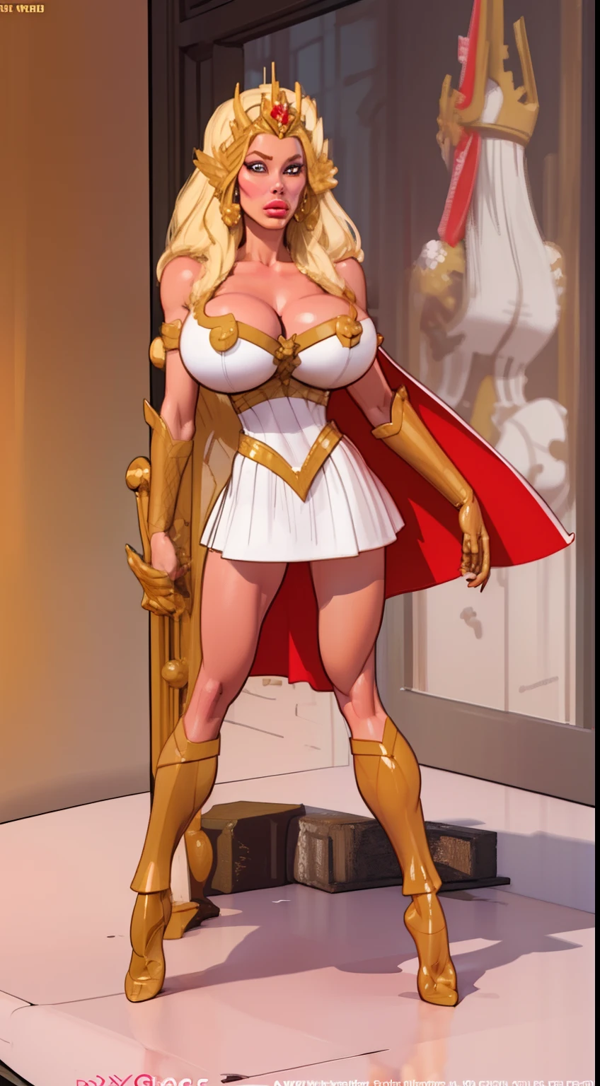 ((3d render:1.4)), ((full body view:1.2)), ((she-ra)),((1985)), (pale skin:1.2), (white skin:1.5), ((front view:1.3)), pale face, (puffy lips:1.4), (crown:1.4),(white skirt), ((gold gauntlets:1.3)), ((red cape:1.1)), (gigantic breasts:1.4), ((gigantic breasts:1.3)), design sheet, masterpiece, (slendered abs:1.2) ,detailed , shiny skin, beautiful lighting from the side, harsh light,epic pose, dynamic movie poster