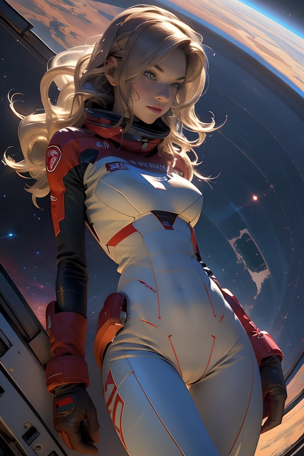 sandy hair fit body large breasts slender thighs slender waist pilot suit solo looking at viewer in space long hair blushing determination, 8k, extreme detail,