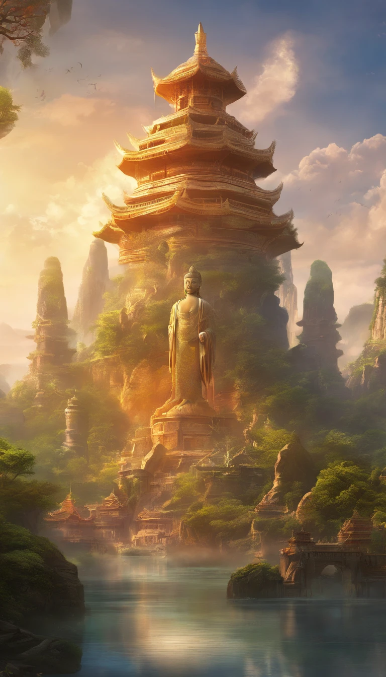 The giant statue stands on an octagonal pedestal, with lotus-shaped architectural details, Realistic depiction of Leshan Buddha, Blend seamlessly with nature, surrealism, Ultra-detailed, Photorealistic:1.37, 3D rendering, Cinematic lighting, Divine light, Ultra-high definition, Masterpiece:1.2, Textured skin, Best quality, high resolution