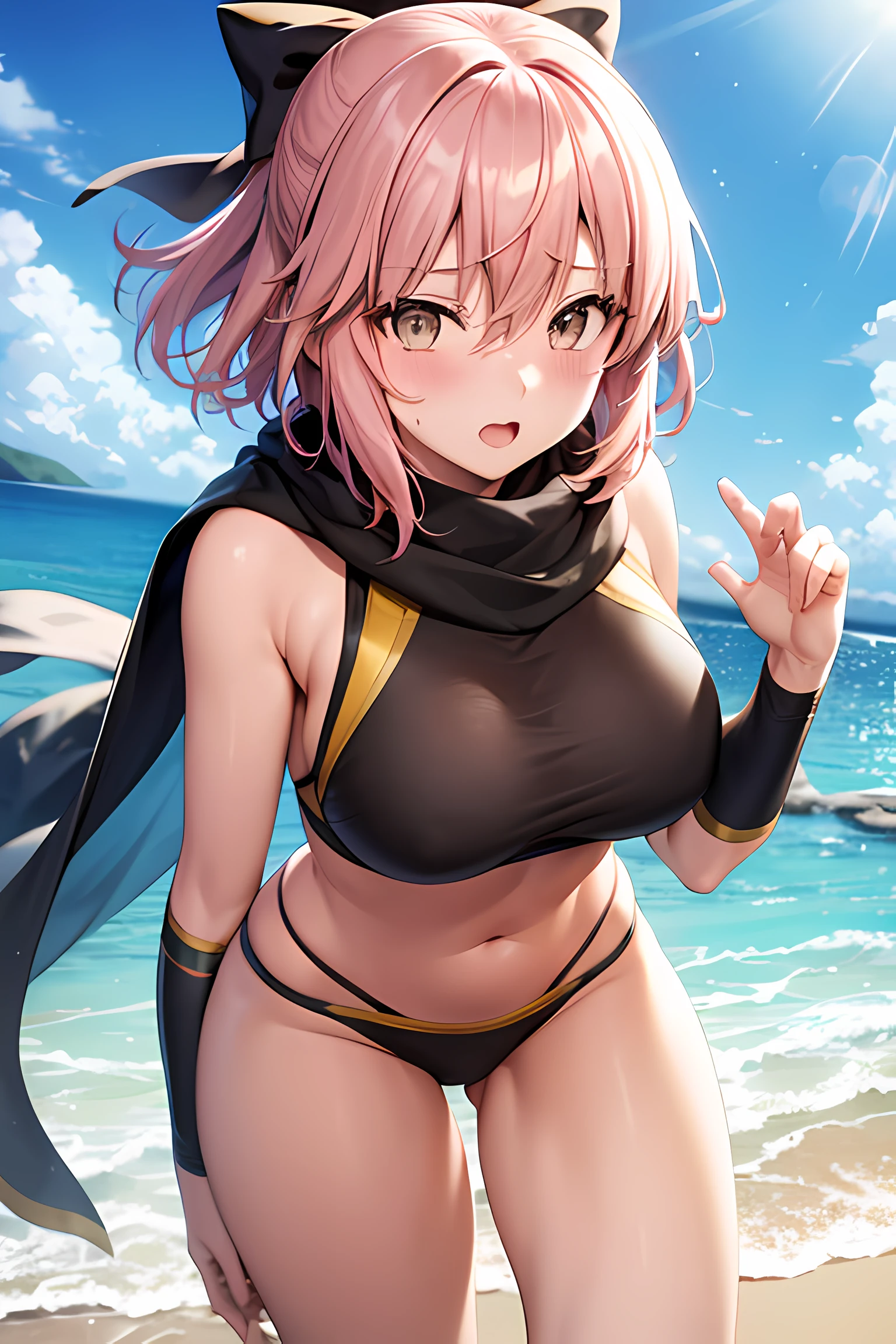 Photo of okita souji, ahoge, pink hair, hair between eyes, hair bow, short hair, yellow eyes, asymmetrical sleeves, bikini, black bikini, black scarf, black sleeves, detached sleeves, multi-strapped bikini, navel, scarf, swimsuit, uneven sleeves, on a sunny beach, (light skin), (sweating) ,(beautiful scenery),(perfect face), masterpiece, blush, 1girl, solo,  full body, MILF, beautifully drawn eyes, perfect eyes, perfect lighting, playing in the water