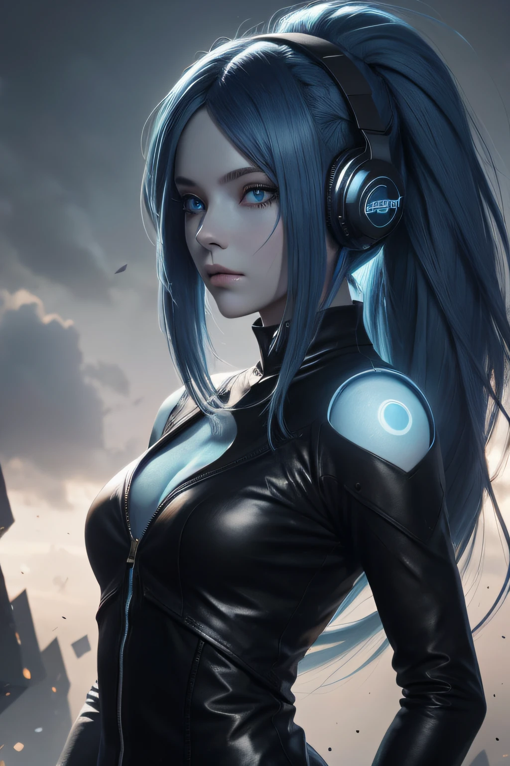 girl with long blue hair, blue eyes, futuristic vibes, mask on mouth, headphones, 8k, high quality, simple background, glowing eyes, nice pose