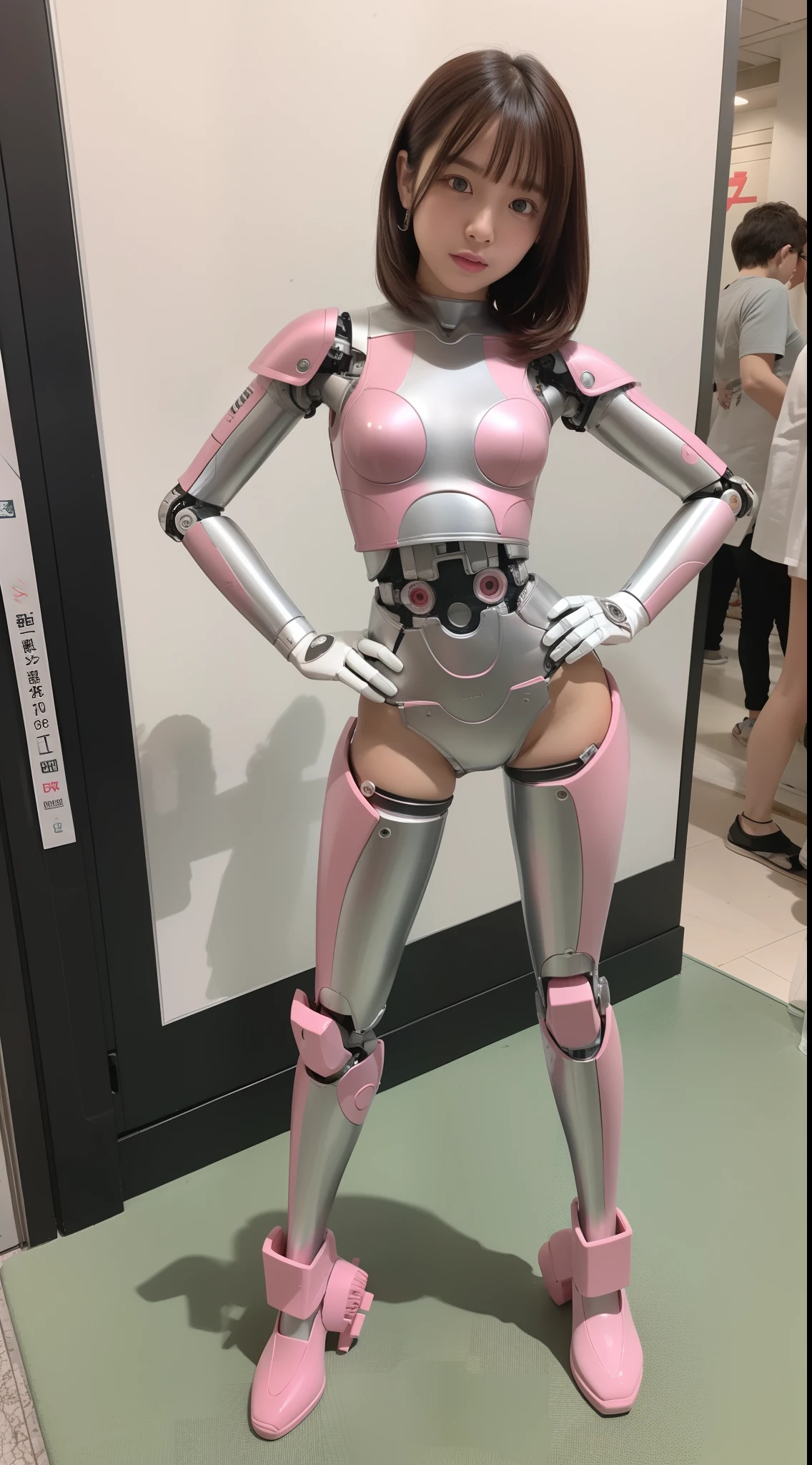 cyborg, Pink there, Silver, metallic body, Robot Parts, Metal Parts, Super Detailed Face, Super well-formed face, of the highest quality, a small face,, a small head Full body, brown hair, slender-body, Camera gaze, Internal Mechanical Exposure, Idol, Well-proportioned body, gravure, Photo session, Akihabara, Moe Pose, Standing with legs open, hands on hips, Model body type, sad, Embarrassing,(Perfect Robot Girl),(Perfect machine body)